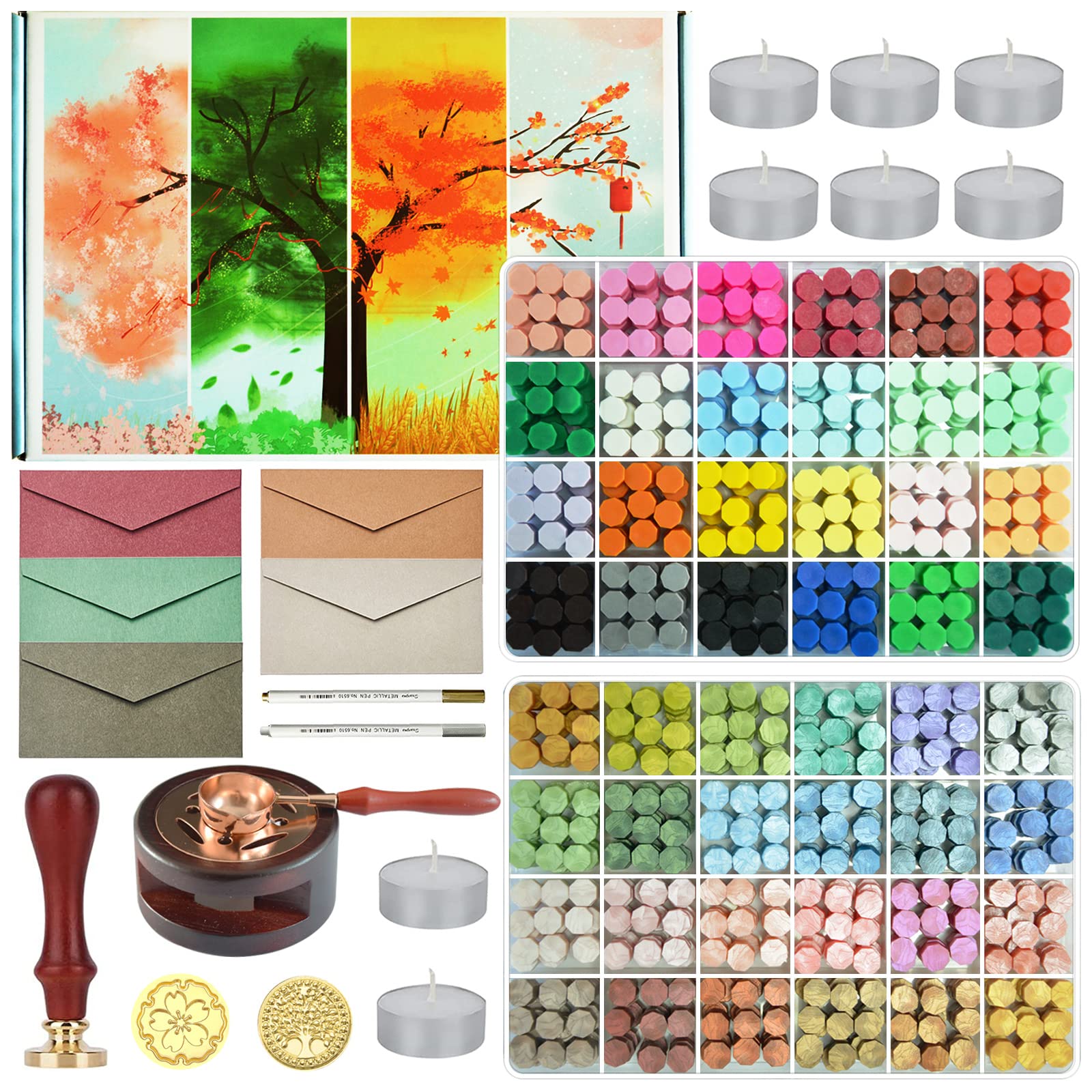 Premium Wax Seal Stamp Kit with Gift Box - 48 Colors 1200 Wax Beads, 2 Stamps, Wax Warmer, Metallic Pen & 10 Tea Candles for Wedding Invitations, Christmas Letters, DIY Crafts & Vintage Style Gift Wrapping