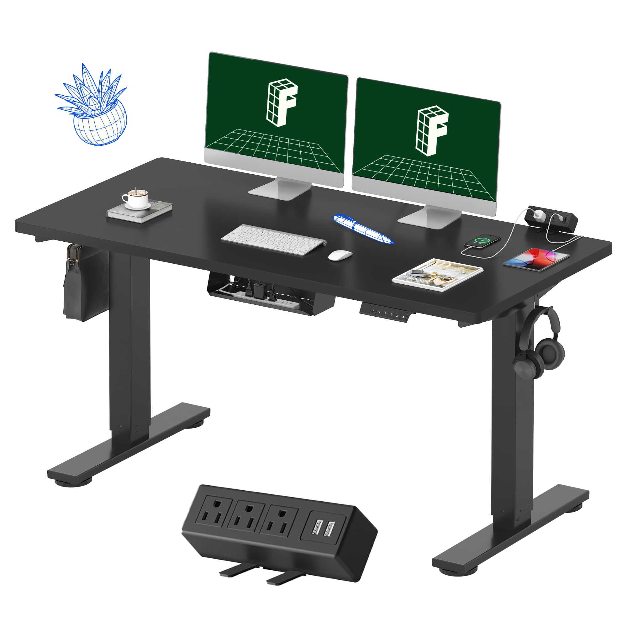 FlexiSpot EN2 Electric Height Adjustable Standing Desk - 55 x 28 Inches, Whole-Piece Design with Clamp Power Strip & Cable Management (Black Frame + Black Top) - Perfect for Home Office, Gaming & Workspace Ergonomics