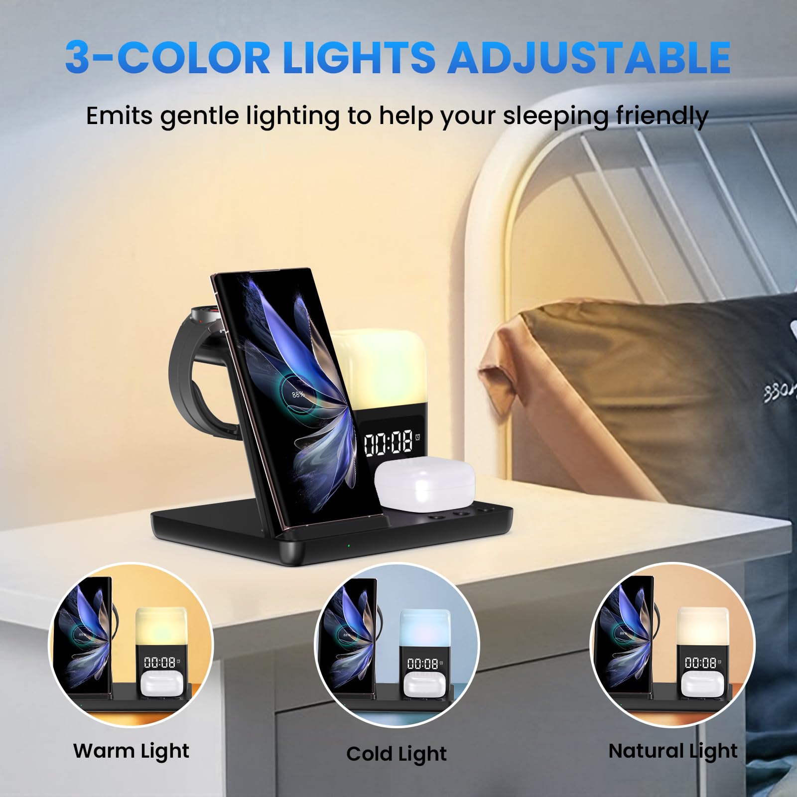 5-in-1 Wireless Charging Station for Samsung Galaxy S24/Flip5/Fold5/Note20 Ultra - Fast Charger Stand for Galaxy Watch 6/5/4/3 & Buds Live/Plus/2 Pro with Alarm Clock & 3 Night Lights - Perfect for Bedroom, Office, and Travel Charging Needs