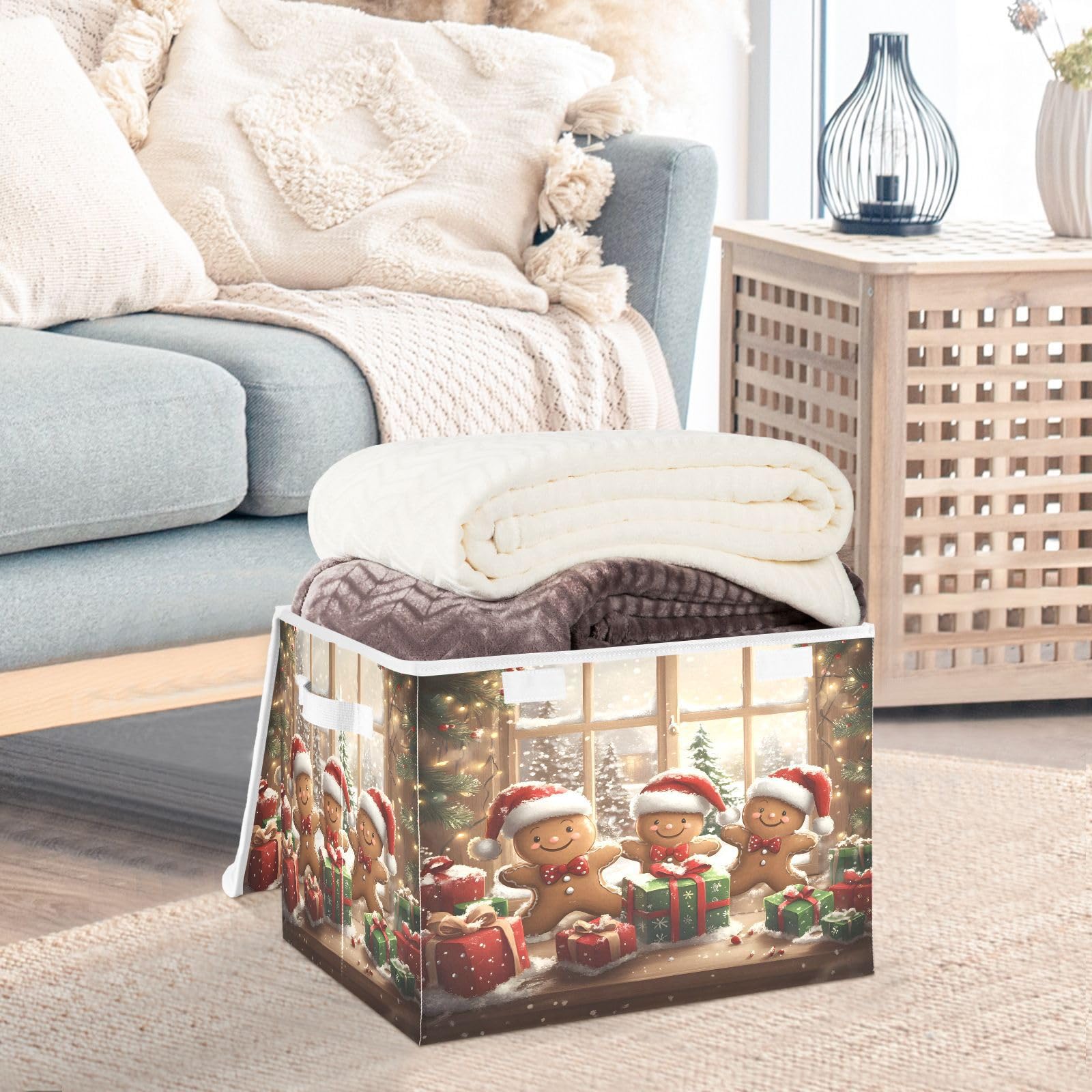 Christmas Gingerbread Man Fabric Storage Bins with Lids - Foldable Collapsible Organizer Baskets for Home, Bedroom, Closet & Office | Holiday Decor & Gift Wrapping Storage