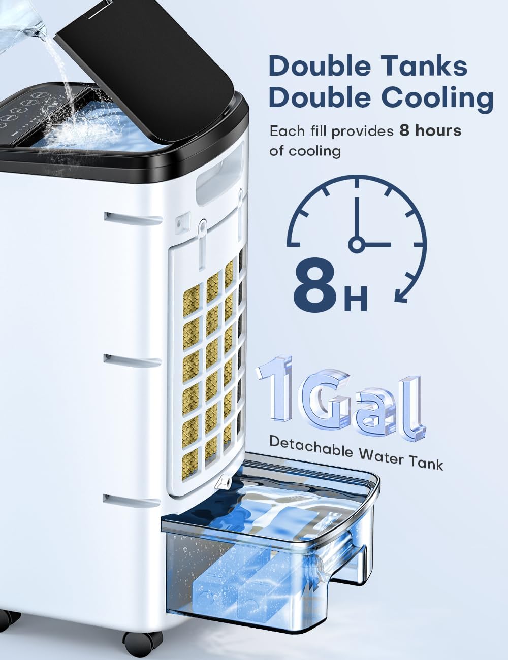 Portable Evaporative Air Cooler with 12H Timer & Remote - 3-Speed Windowless AC, 6 Ice Packs, Dual Tank - Perfect for Bedroom, Office, Living Room Cooling