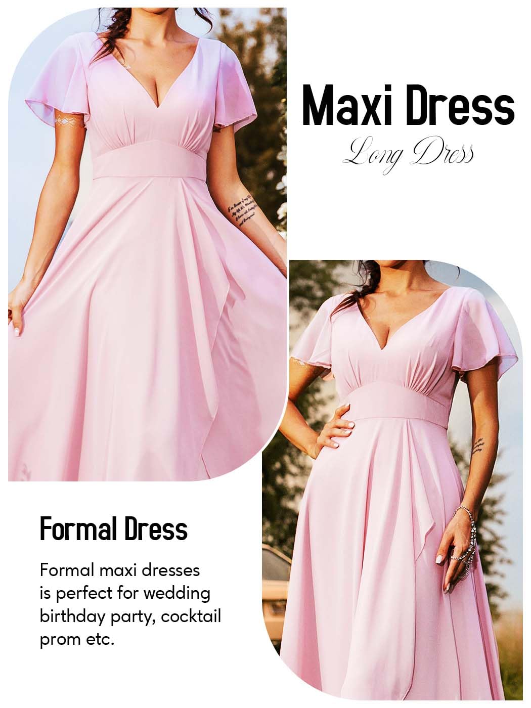 EASEDAILY Women's Pink V-Neck Short Sleeve High Waist Slit Maxi Dress for Bridesmaid Wedding Guest Evening Party - Elegant Long Gown for Formal Events, Prom, Cocktail Parties & Special Occasions