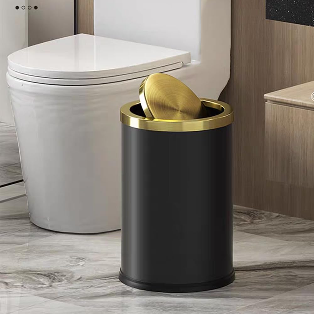 9L/2.4GAL Black and Gold Trash Can with Flipping Lid - Small Bathroom Garbage Bin for Hotel, Office, Laundry & Powder Room - Elegant Metallic Gold Design (BLACK) - Perfect for Waste Disposal in Tight Spaces