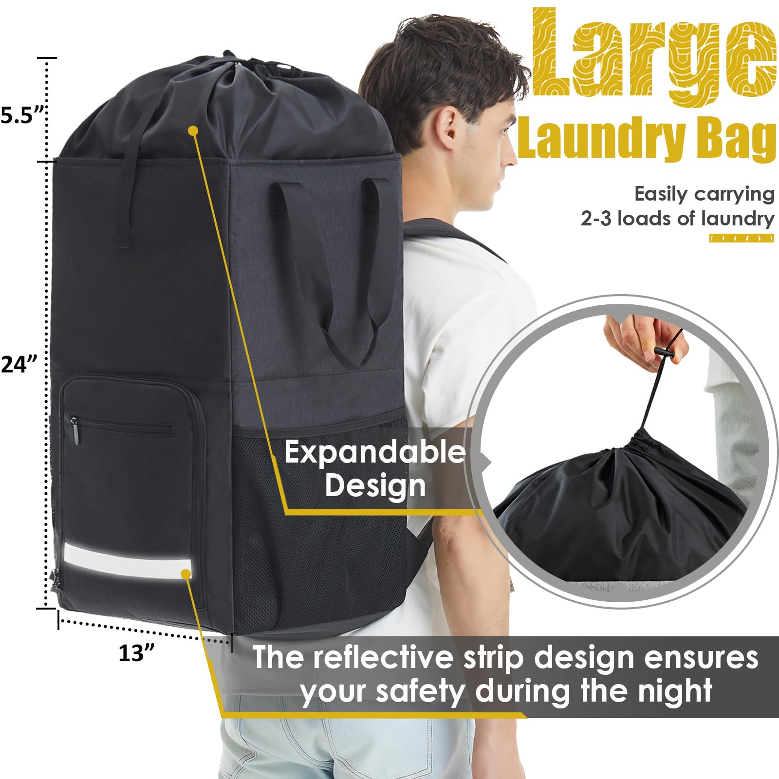 Extra Large Laundry Backpack for College & Dorm - Heavy Duty Stand Up Laundry Hamper with Straps for Apartment, Laundromat & Travel - Perfect for Students, Camping & Small Space Living
