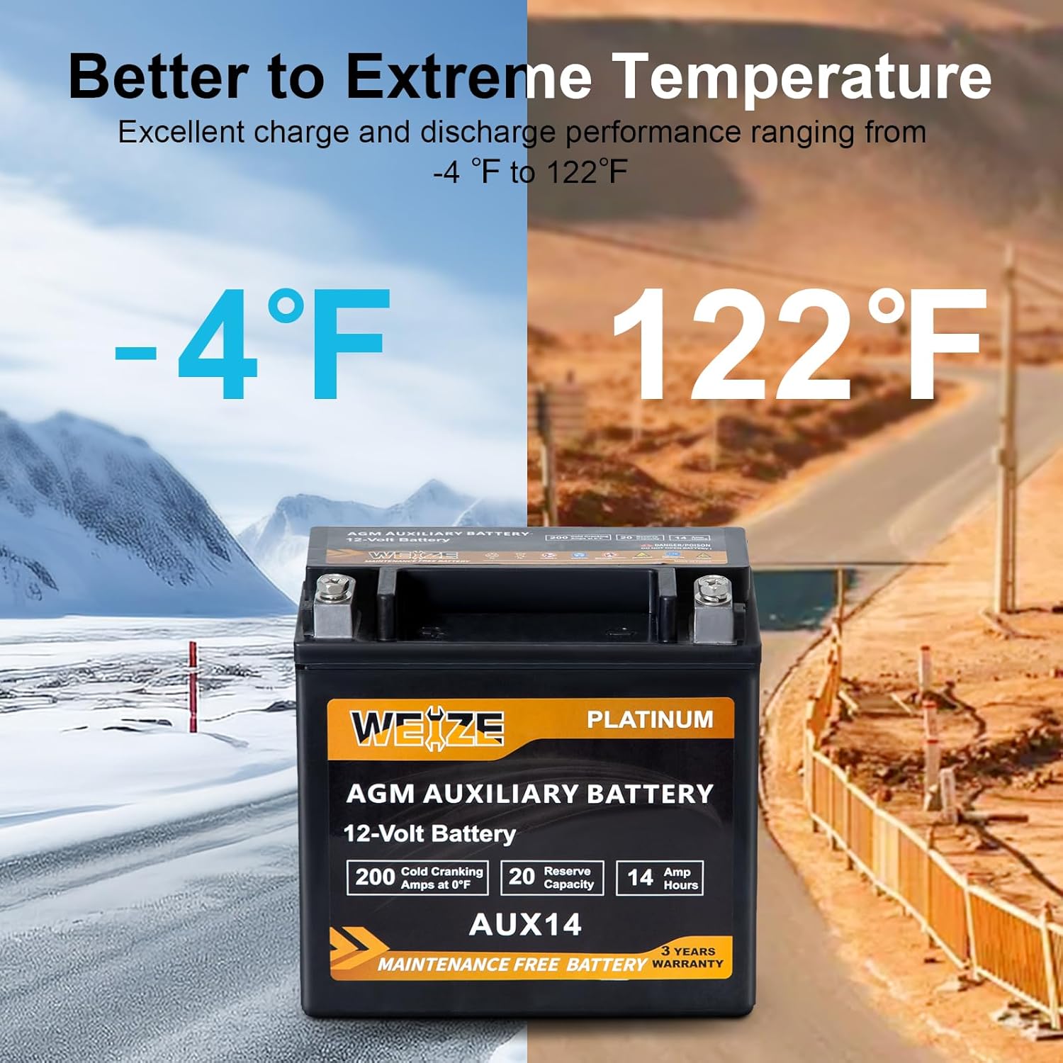 WEIZE Wise Series AGM AUX14 Auxiliary Battery - BCI Group 400, 200CCA Deep Cycle Battery for RV, Boat, Off-Grid & Solar Power Systems - Reliable Backup Power Solution