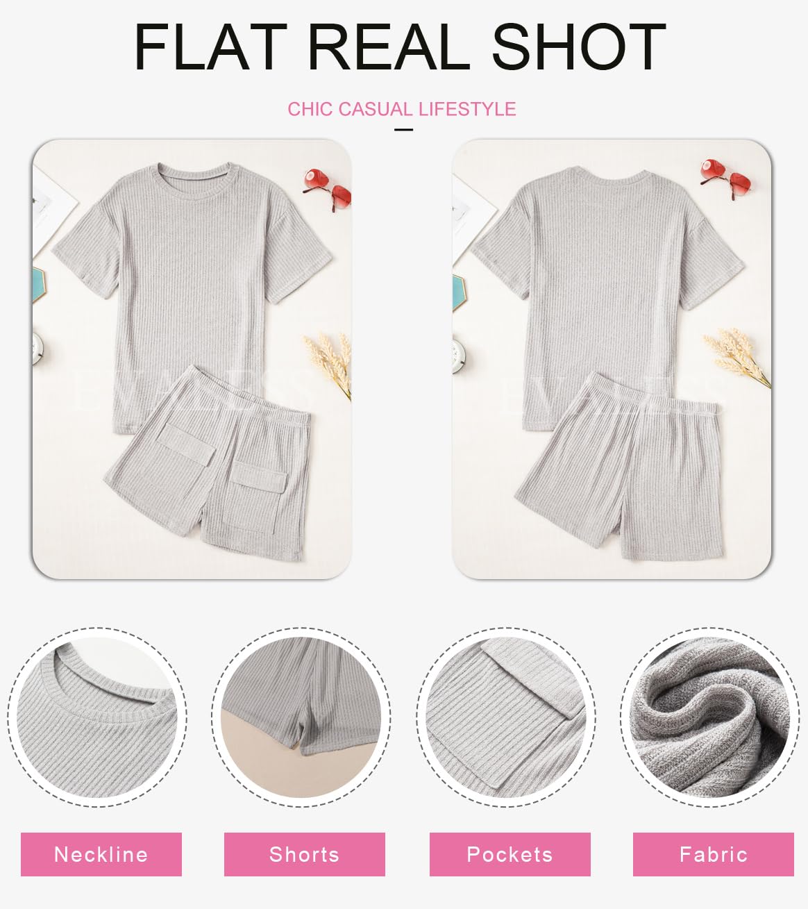 EVALESS Women's Rib Knit Lounge Set - Soft Short Sleeve Top & High Waist Stretchy Shorts - Comfy Pajama Outfit for Home, Sleep & Relaxation