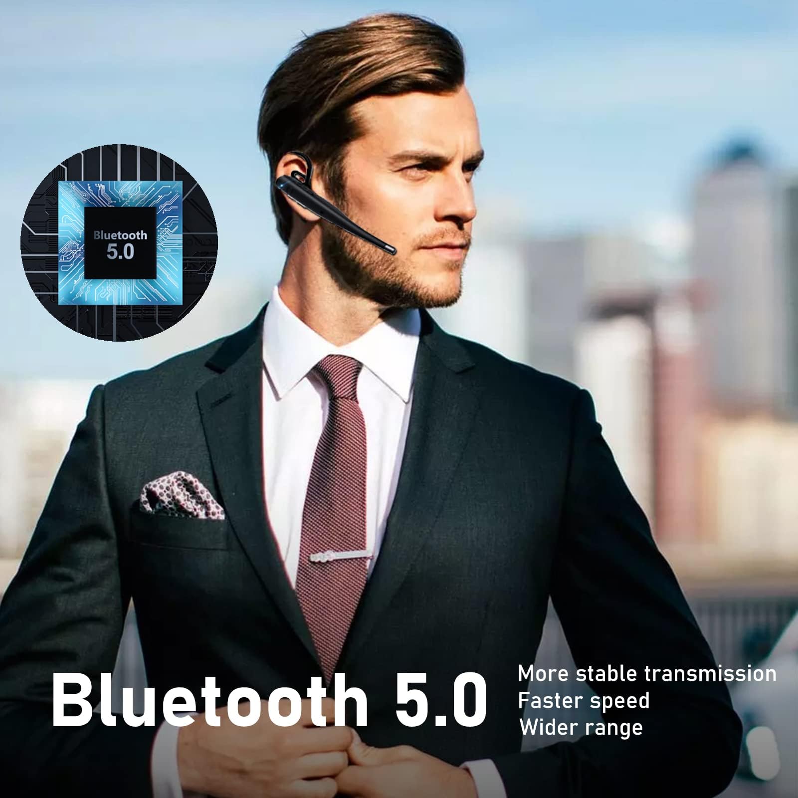 Wireless Bluetooth Headset with Noise Cancelling Mic - 10H Battery Life, One-Ear Hands-Free Headphones for Cell Phones - Perfect for Driving, Office Calls & Online Meetings (Black)