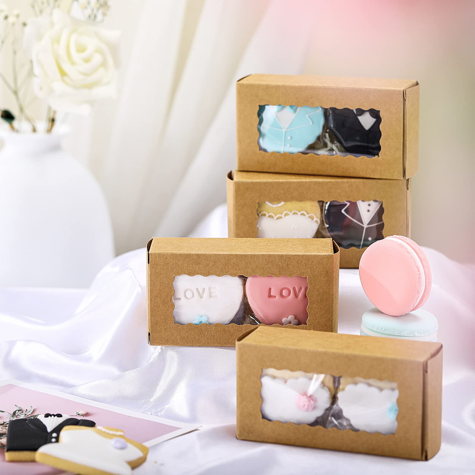 100 Pcs Kraft Paper Macaron Boxes with Clear Window - 4.17 x 2.17 x 1.38 Inch Small Bakery Packaging for Desserts, Candy, Cake | Perfect for Macarons, Pastries, Cookies & Gift Packaging