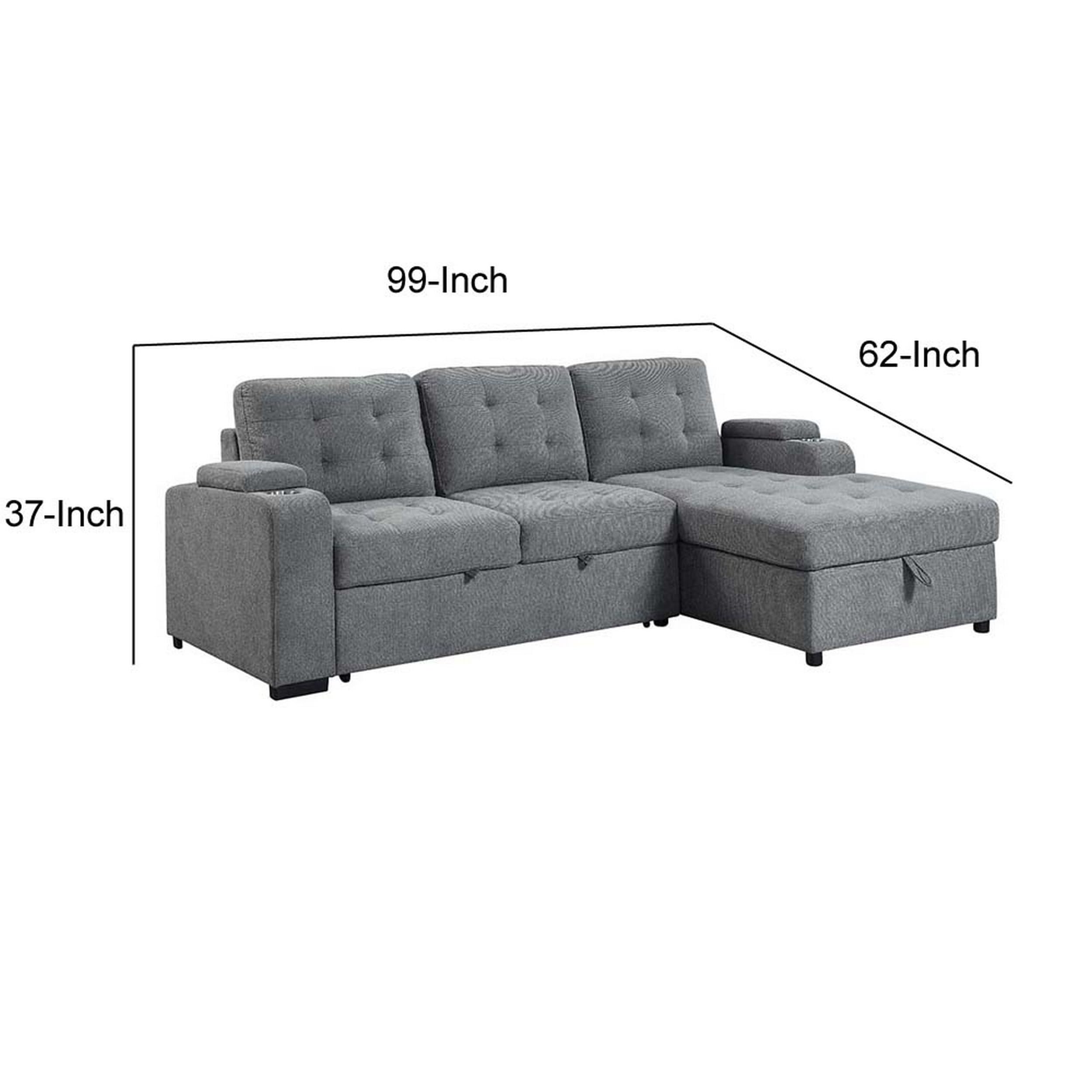 Benjara 99 Inch Sectional Sofa with Storage Chaise & Pull Out Bed - Gray Fabric Upholstered Convertible Sleeper Sofa for Small Spaces | Perfect for Apartments, Living Rooms & Guest Rooms