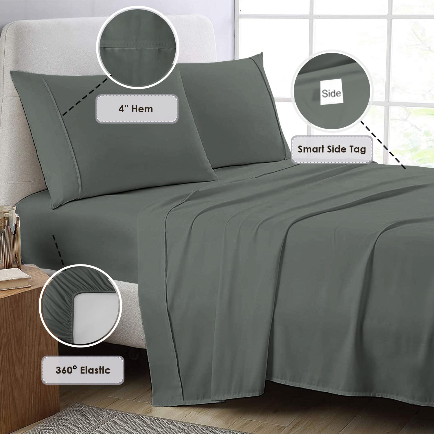 Pizuna Pure 100% Cotton Sheets 6pc King Size - 800 Thread Count Long Staple Cotton Sateen Bedding Set with 15