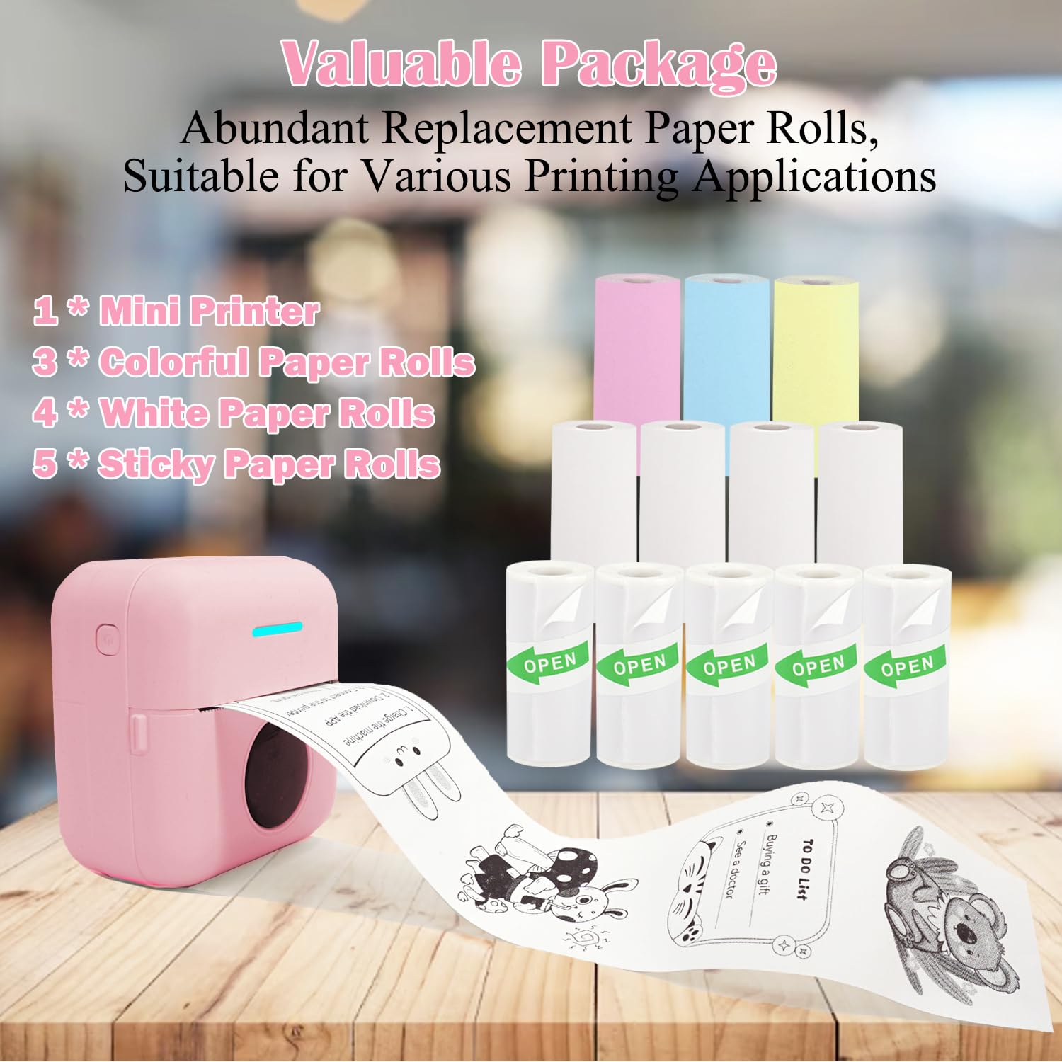 Mini Portable Inkless Sticker Printer - Wireless Thermal Printer for iPhone & Android with 12 Rolls Paper - Print Notes, Photos, Labels & Receipts - Perfect for Home, Office, School & Travel (Pink)