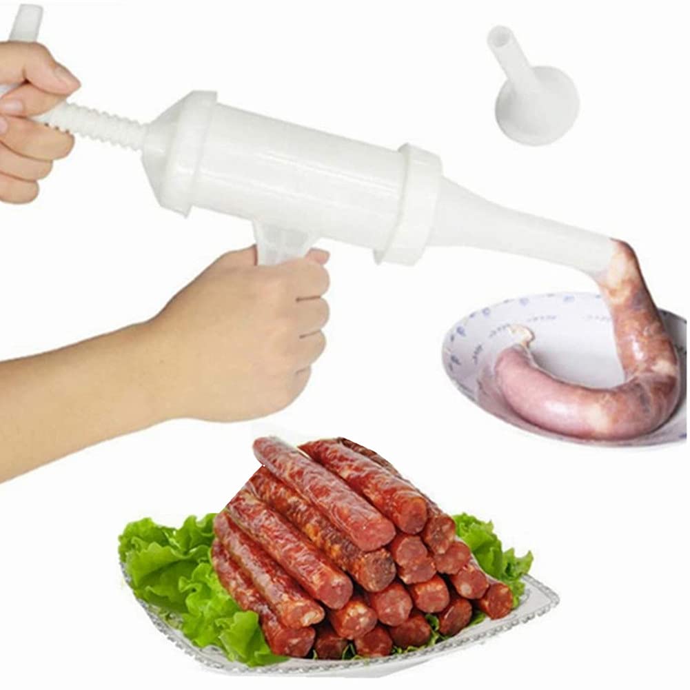 Hand Operated Sausage Stuffer with Pork & Mutton Intestine Funnels - Manual Meat Grinder & Salami Maker for Home Kitchen, BBQ, Camping & DIY Charcuterie