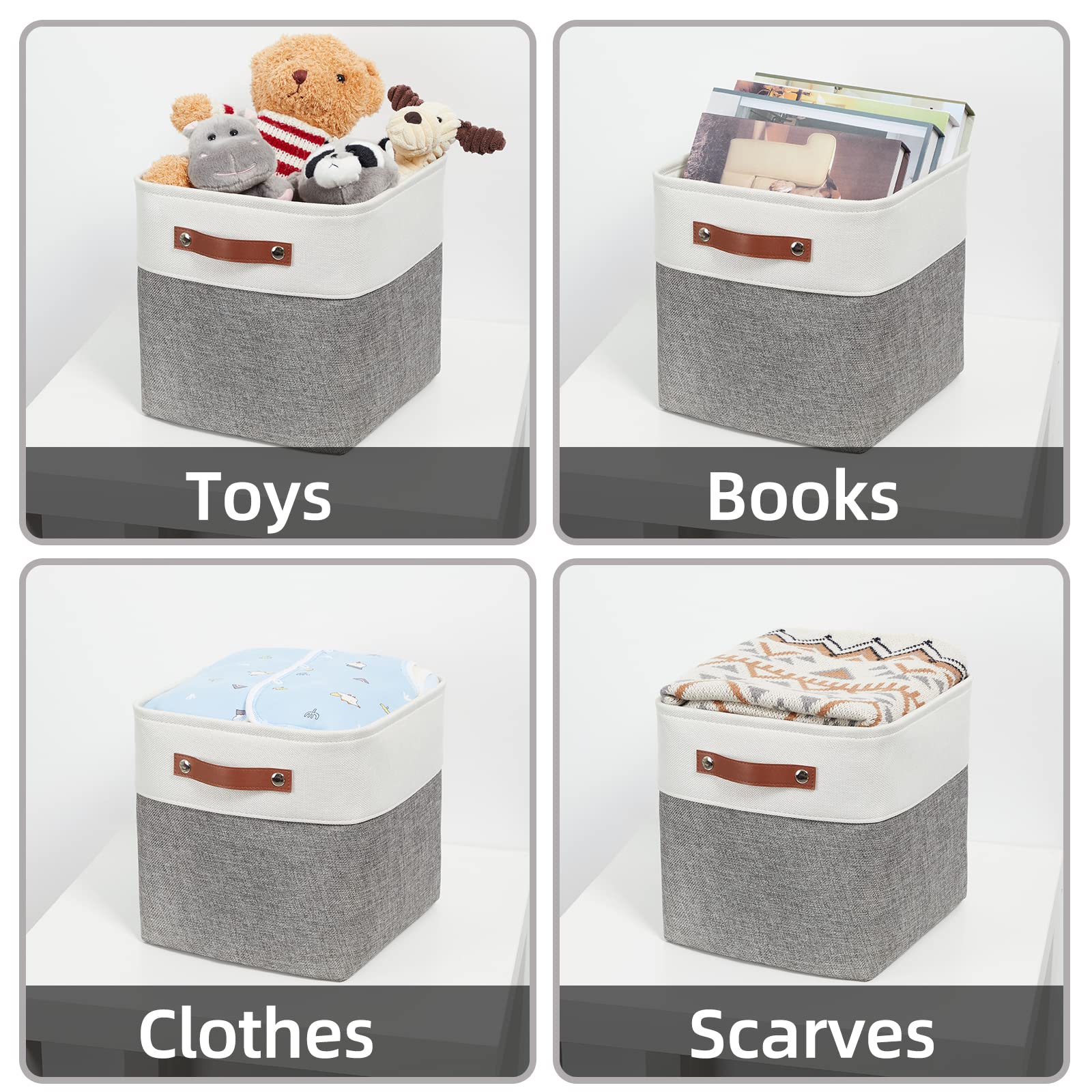 HNZIGE 11x11 Inch Foldable Fabric Cube Storage Bins with Handles - Set of 4 for Home Organization, Shelves, Closet, Nursery & Bedroom - Perfect for Toys, Clothes & Accessories (White & Gray)