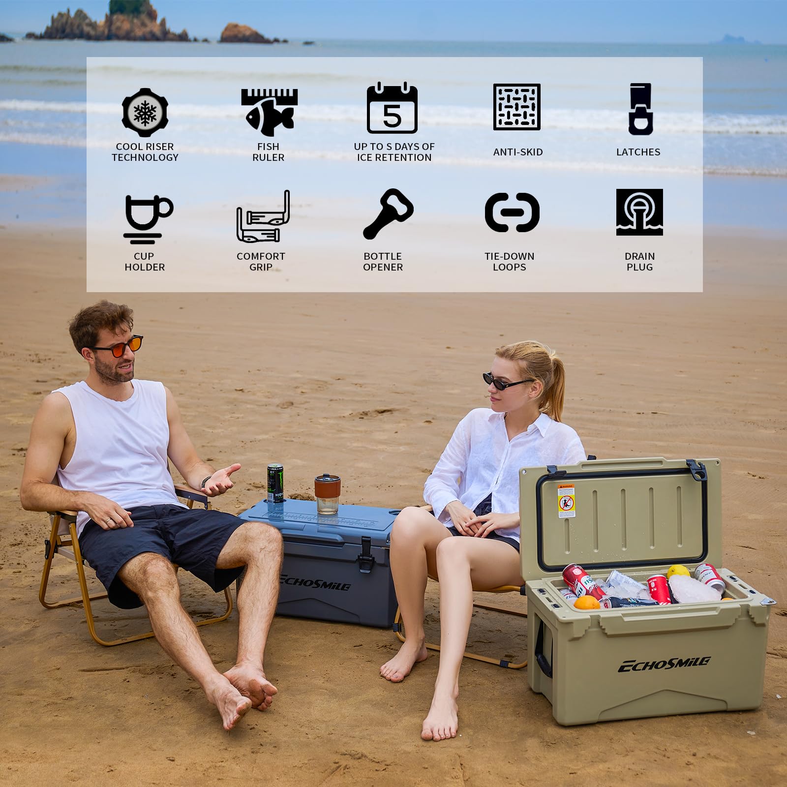 EchoSmile 25/30/35/40/60/75 Quart Rotomolded Cooler - Heavy Duty & Durable for Outdoor Adventures, Camping, Fishing, and Road Trips