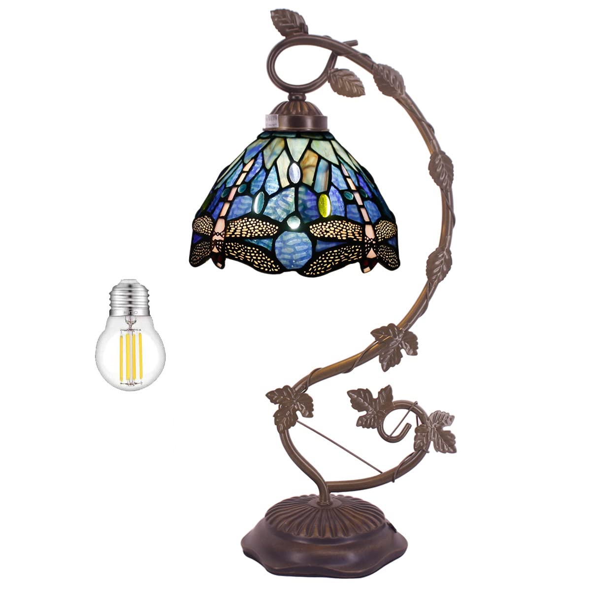 WERFACTORY Tiffany Style Dragonfly Table Lamp - Blue Stained Glass with Metal Leaf Design, 8x10x21 Inches - Perfect for Bedroom, Home Office & Small Space Decor | Reading Light & Ambient Lighting for Cozy Atmosphere (S631 Series)