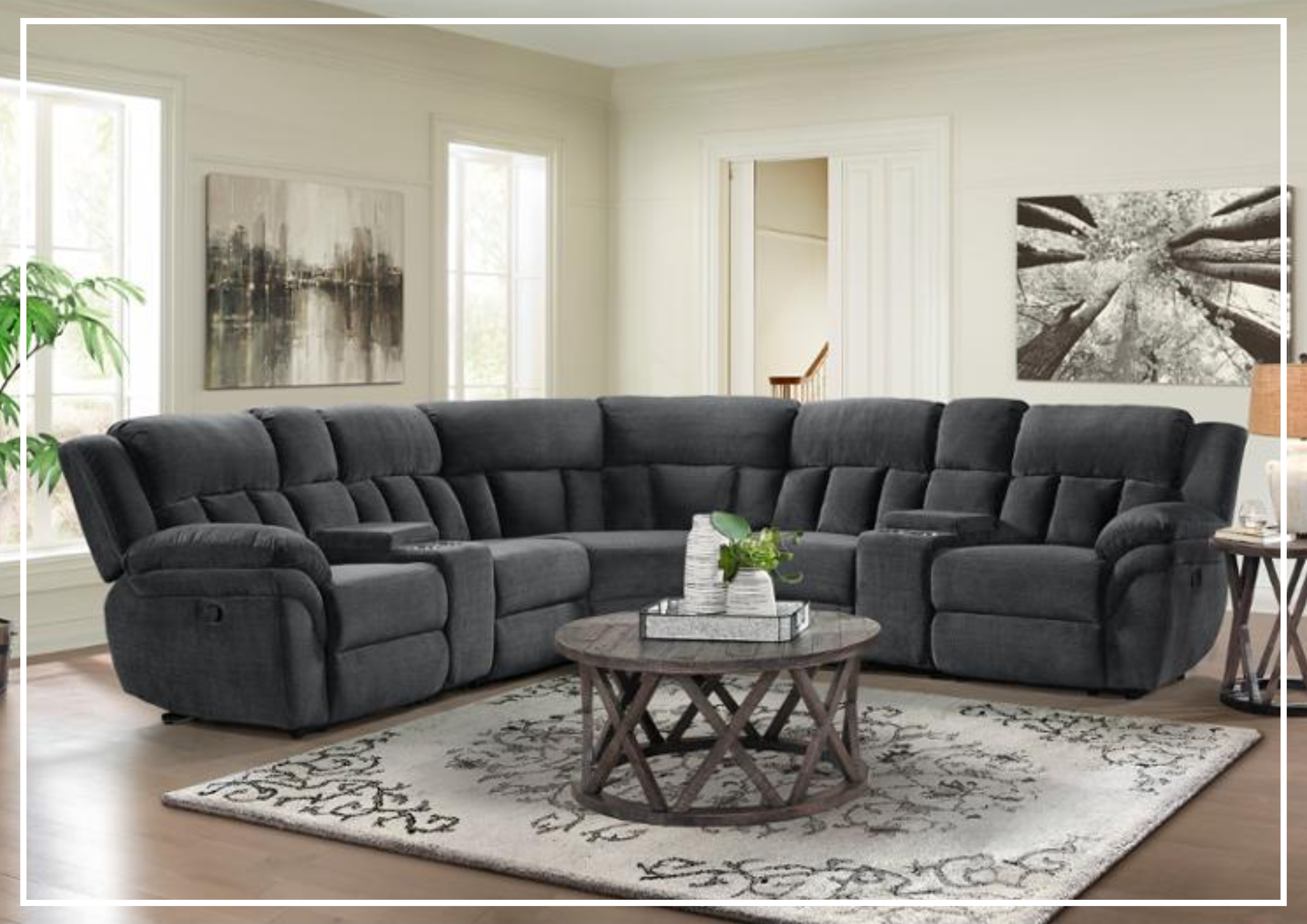 Klaussner McCobb 7-Piece Gray Recliner Sectional Sofa Set with Cup Holders - Modern L-Shaped Living Room Furniture for Home Theater & Family Gatherings