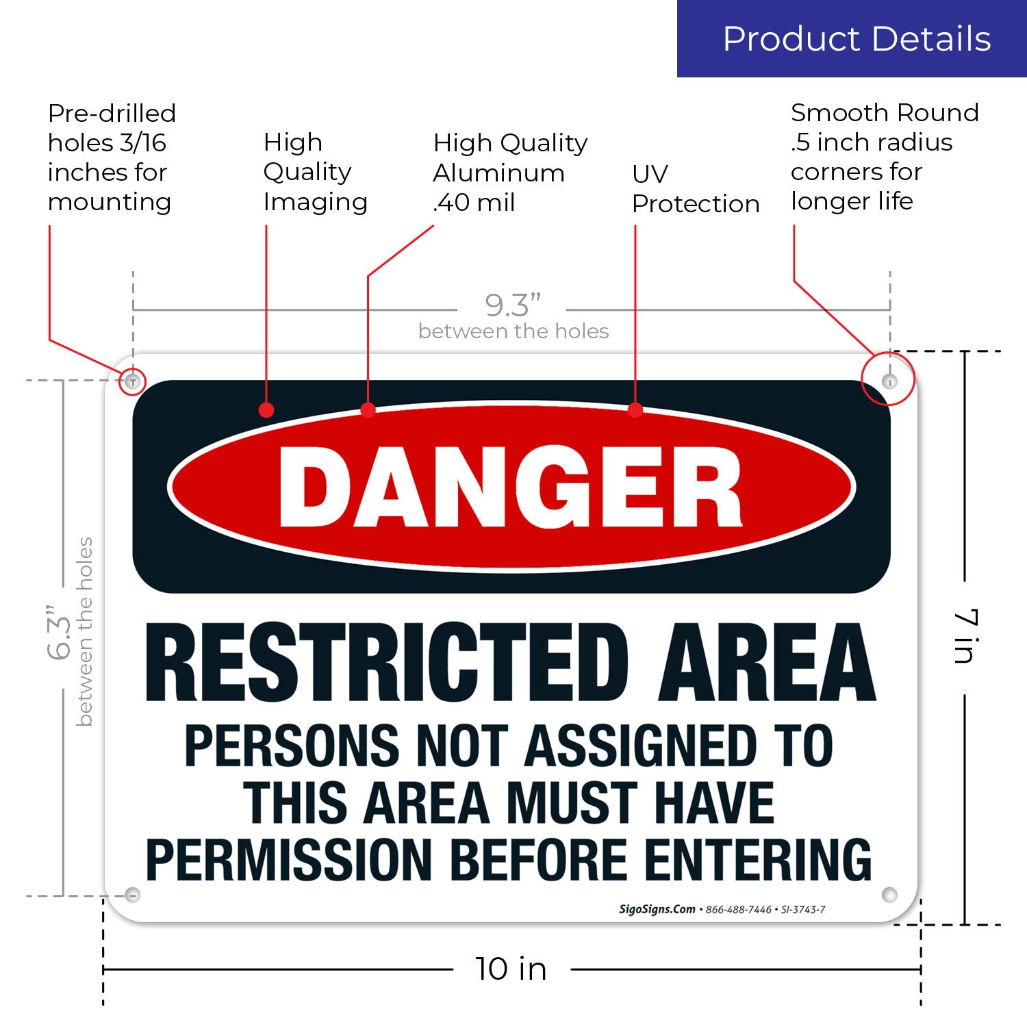 OSHA Danger Sign - Restricted Area Persons Not Assigned Must Have Permission - 10x7 Inches Rust-Free .040 Aluminum - Fade Resistant for Indoor/Outdoor Use - Made in USA - Perfect for Construction Sites, Warehouses & Industrial Facilities