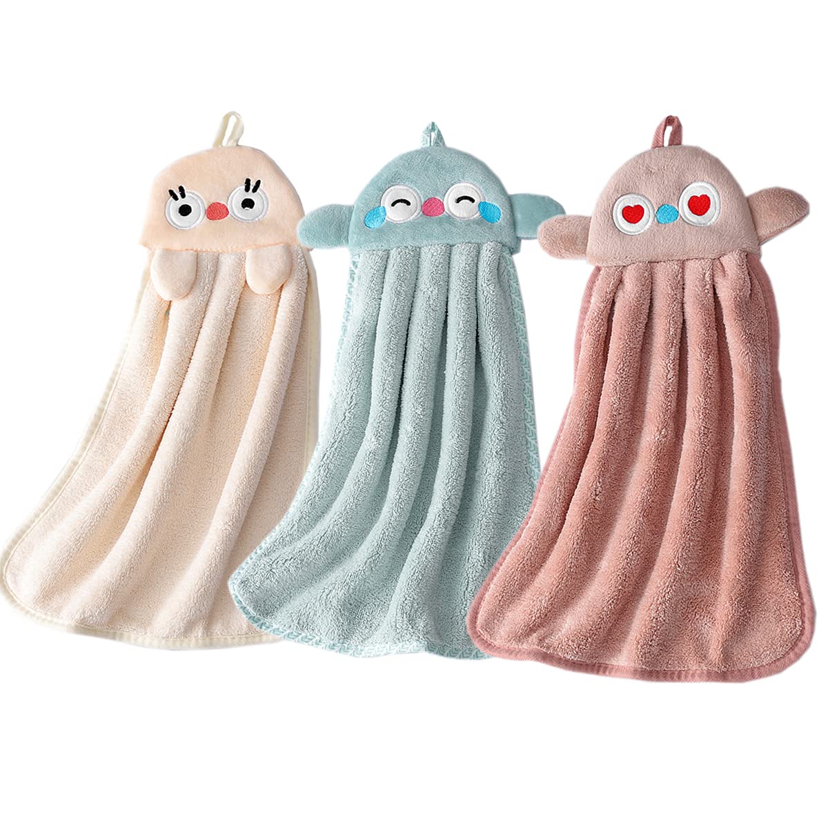 3Pcs Cute Kids Hand Towels with Hanging Loop - Soft Microfiber Coral Velvet Bath & Kitchen Towels for Kids & Adults | Absorbent, Quick-Drying | Perfect for Bathroom, Kitchen, Nursery & Travel