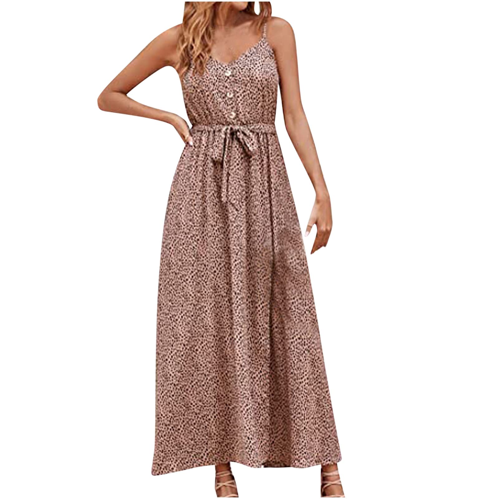 BmkBWO Women's Sexy Spaghetti Strap Casual Leopard Print V-Neck Midi Dress with Tie Waist & Side Slit | Summer Beach Vacation Date Night Dress | Lounge Party Club Wear & Everyday Casual Outfits | Perfect for Outdoor Events, Travel and Social Gatherings