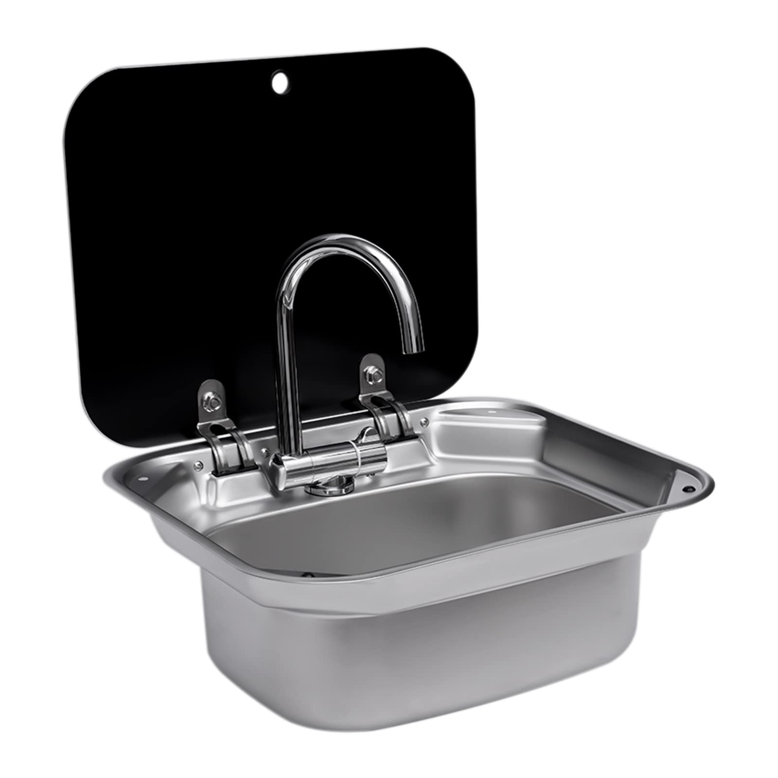 **Stainless Steel RV Sink with Foldable Faucet & Tempered Glass Lid - Compact Hand Wash Basin for Caravan, Boat, Camper Kitchen Accessories | Perfect for Outdoor Cooking & Mobile Living**
