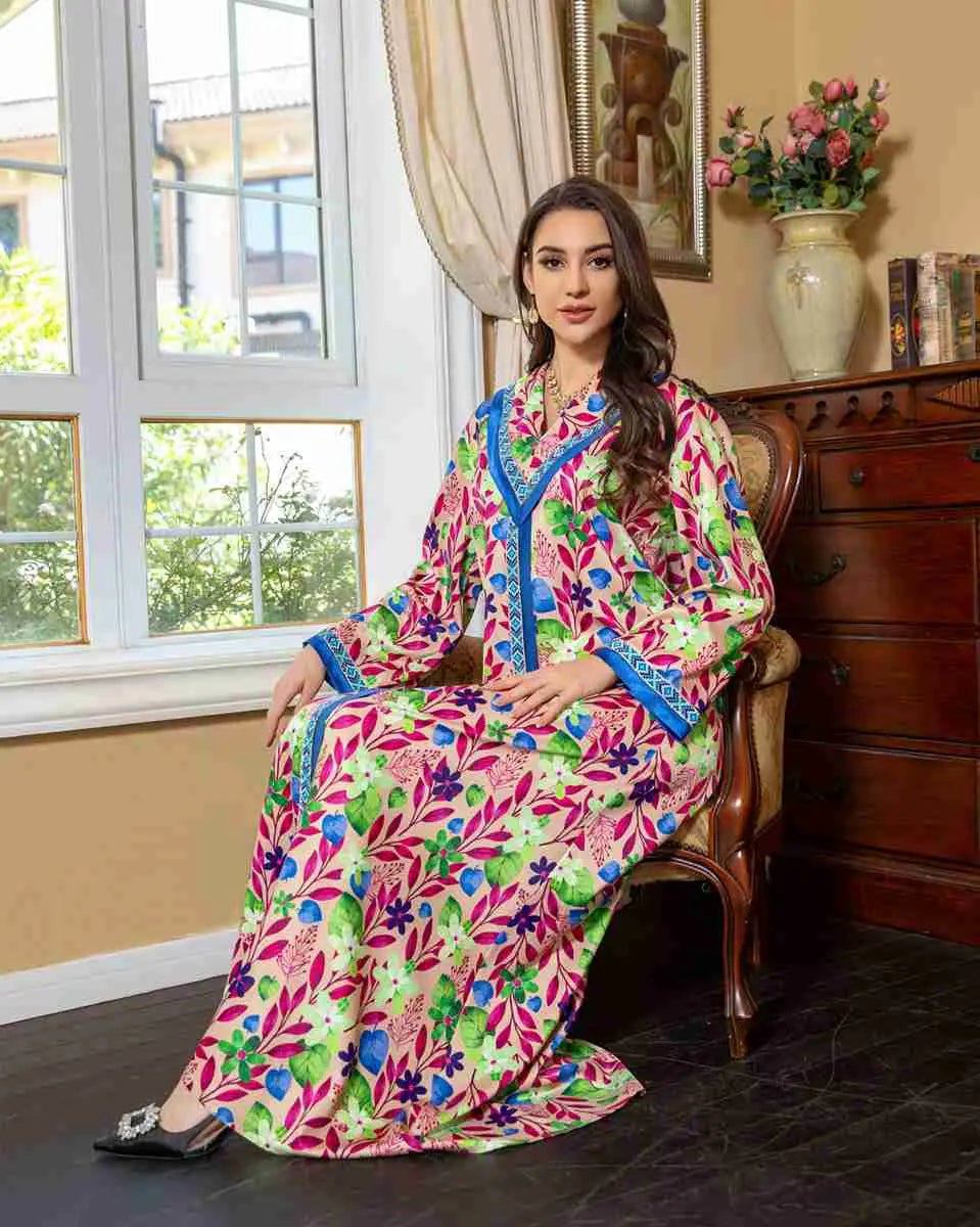 Elegant Hotfix Rhinestone Flower Printed Kaftan Dress - Eid Jalabiya Abaya for Women | Perfect for Eid Celebrations, Weddings & Special Occasions
