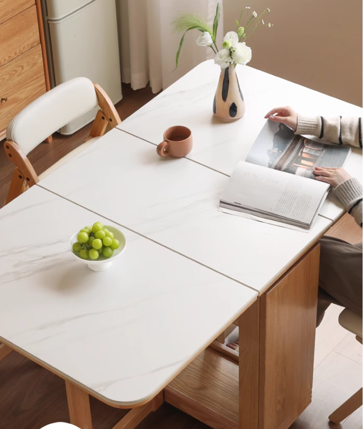 Solid Oak Wood Modern Rock Slab Folding Dining Table - Extendable Space-Saving Design for Small Apartments, Kitchens & Outdoor Dining