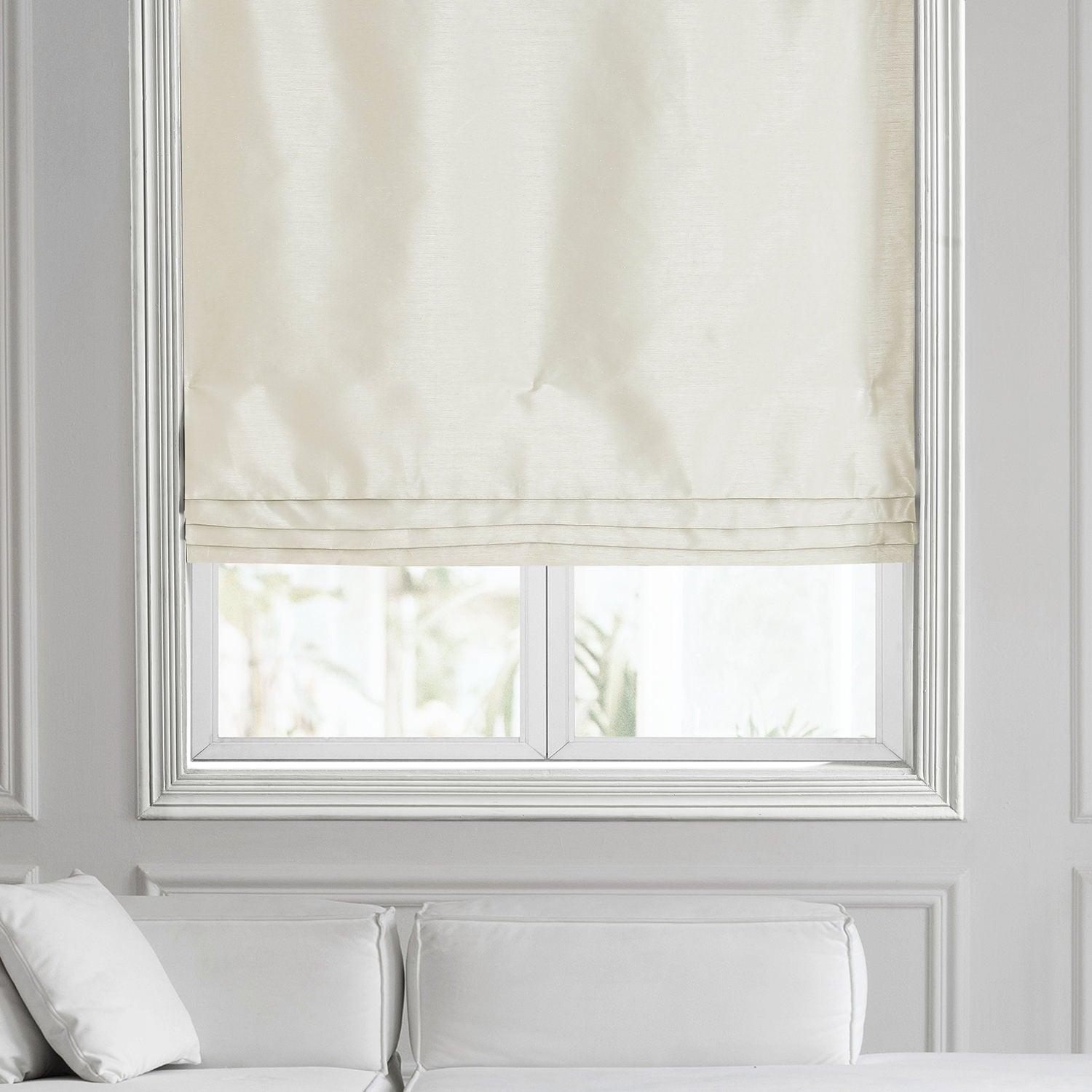 Vintage Faux Dupioni Silk Roman Shade in Mist Greige - Textured Window Treatment for Living Room & Bedroom Decor