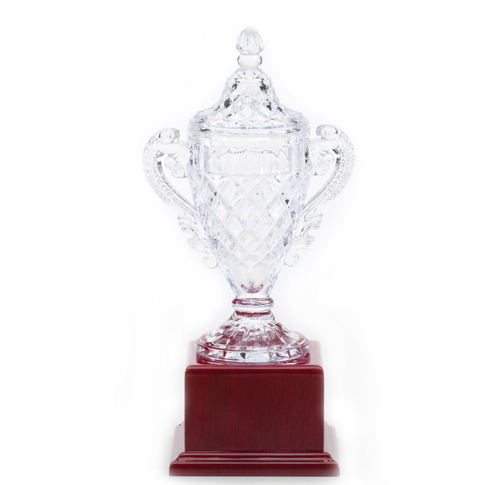 Custom Engravable Lead Crystal Trophy Cup with Rosewood Base - 15.5 Inch Achievement Award for Corporate Recognition, Sports Awards & Graduation Gifts