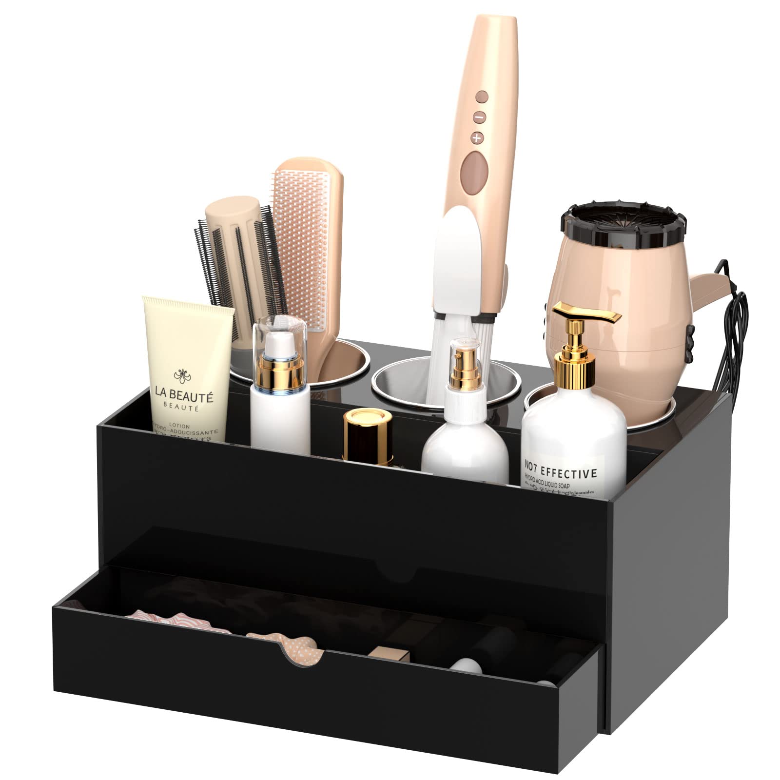 NIUBEE Acrylic Hair Dryer and Styling Tool Organizer with Drawer - Black Bathroom Countertop Storage Stand for Hair Accessories, Makeup & Toiletries | Perfect for Vanity, Salon & Home Organization