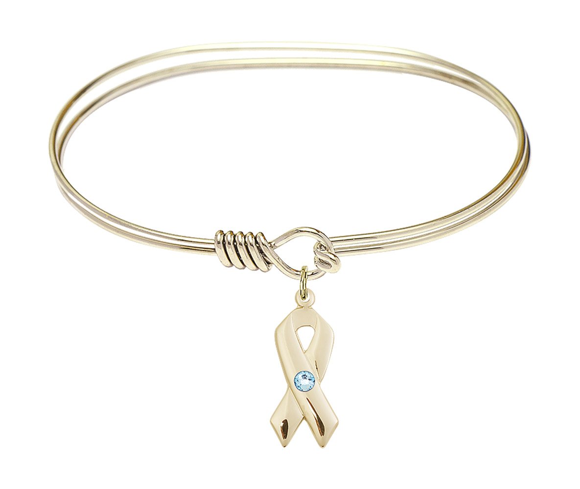 7 Inch Oval Eye Hook Bangle Bracelet with Cancer Awareness Charm & March Birthstone Blue Crystal - Perfect for Awareness Events, Fundraisers, and Everyday Jewelry Wear