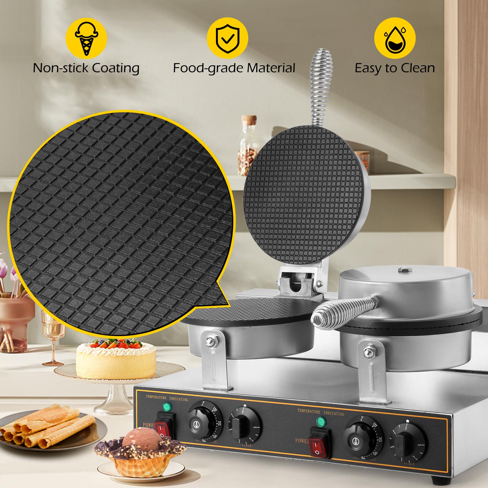 Dyna-Living 2400W Commercial Ice Cream Cone Maker & 1200W Non-Stick Waffle Iron Machine - Stainless Steel Round Professional Waffle Maker for Restaurants, Cafes, and Ice Cream Shops - Perfect for Making Crispy Waffles and Delicious Ice Cream Cones