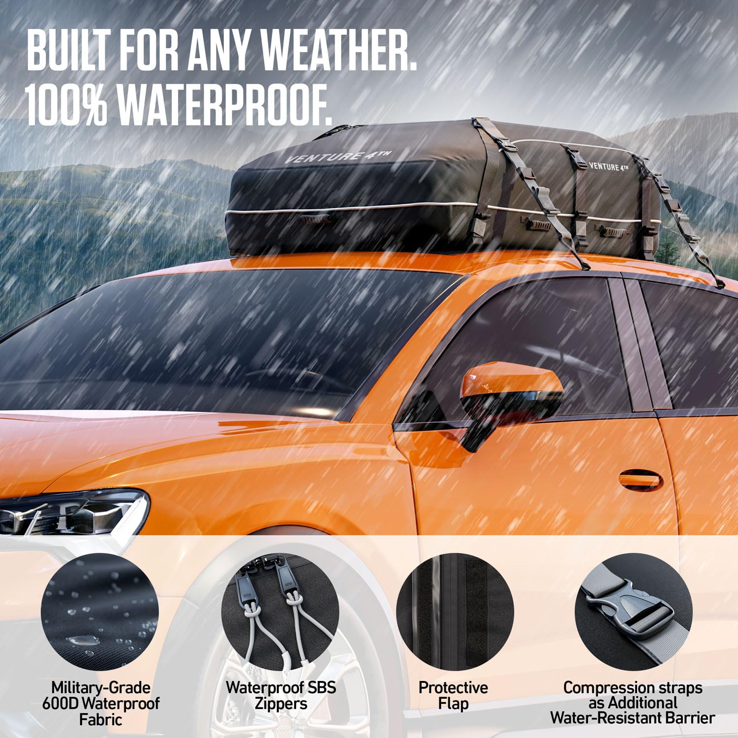 VENTURE 4TH 21 Cubic Feet Waterproof Rooftop Cargo Carrier Bag - Heavy Duty Car Roof Storage with Tie-Down & Compression Straps - Fits SUVs, Sedans, Trucks (With/Without Roof Racks) - Perfect for Road Trips, Camping & Travel Gear Storage
