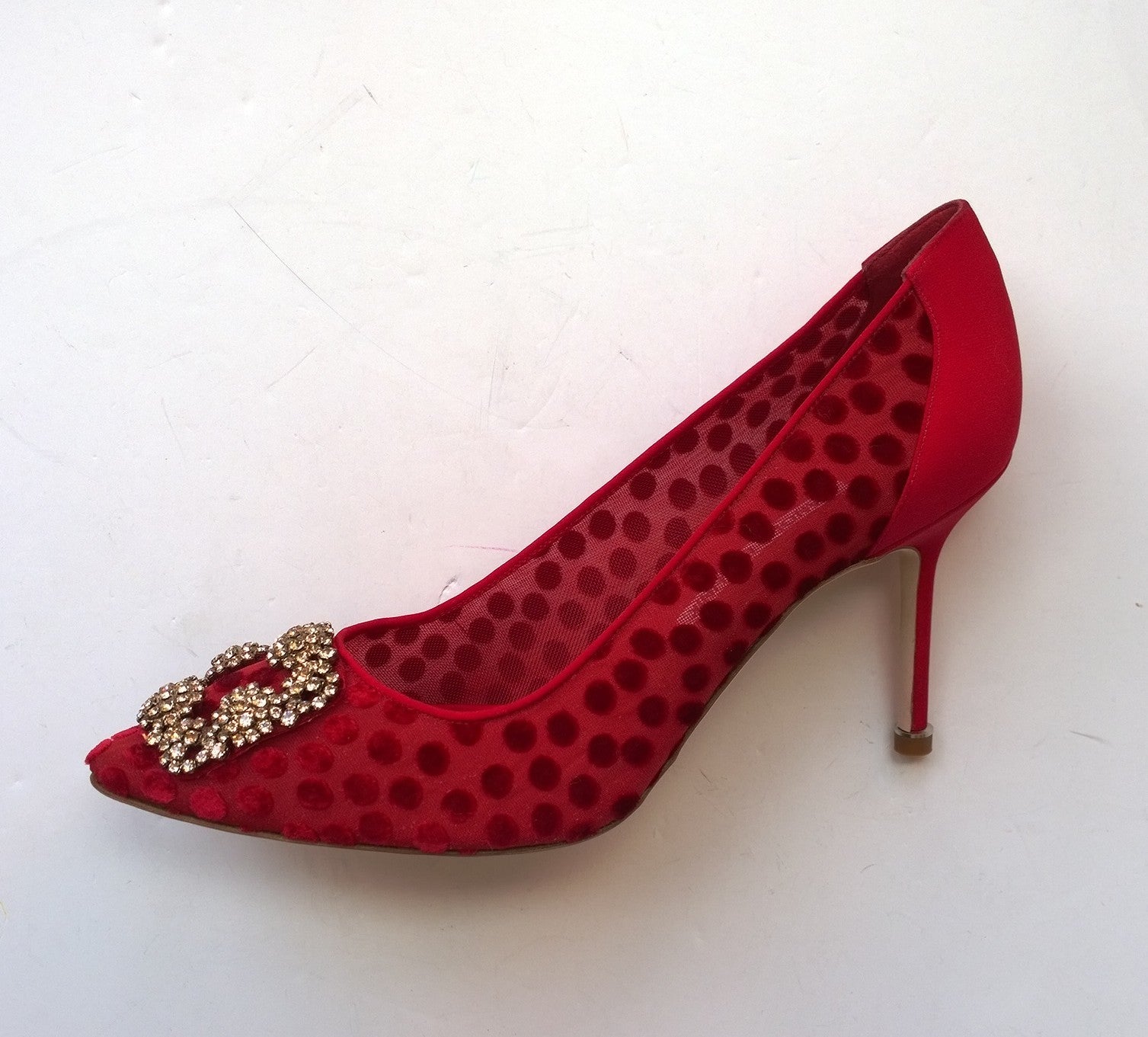 Manolo Blahnik Hangisi Red Polka Dot Silk Buckle Heels with Rhinestones - Elegant Women's Dress Shoes for Weddings, Parties & Special Occasions