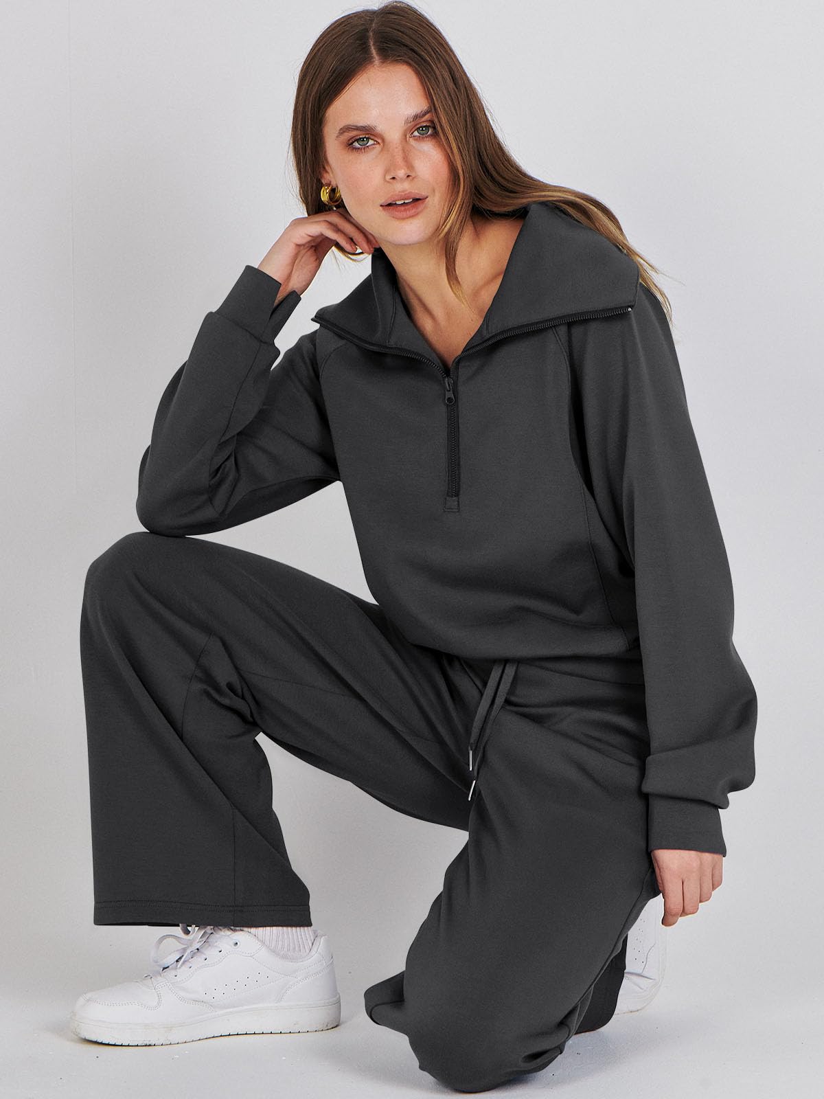 Caracilia Women's 2-Piece Oversized Sweatsuit Set - Half Zip Hoodie & Wide Leg Sweatpants | Fall Lounge Wear, Casual Outfit, Athleisure Tracksuit for Women | Perfect for Home, Gym, Running Errands & Coffee Dates