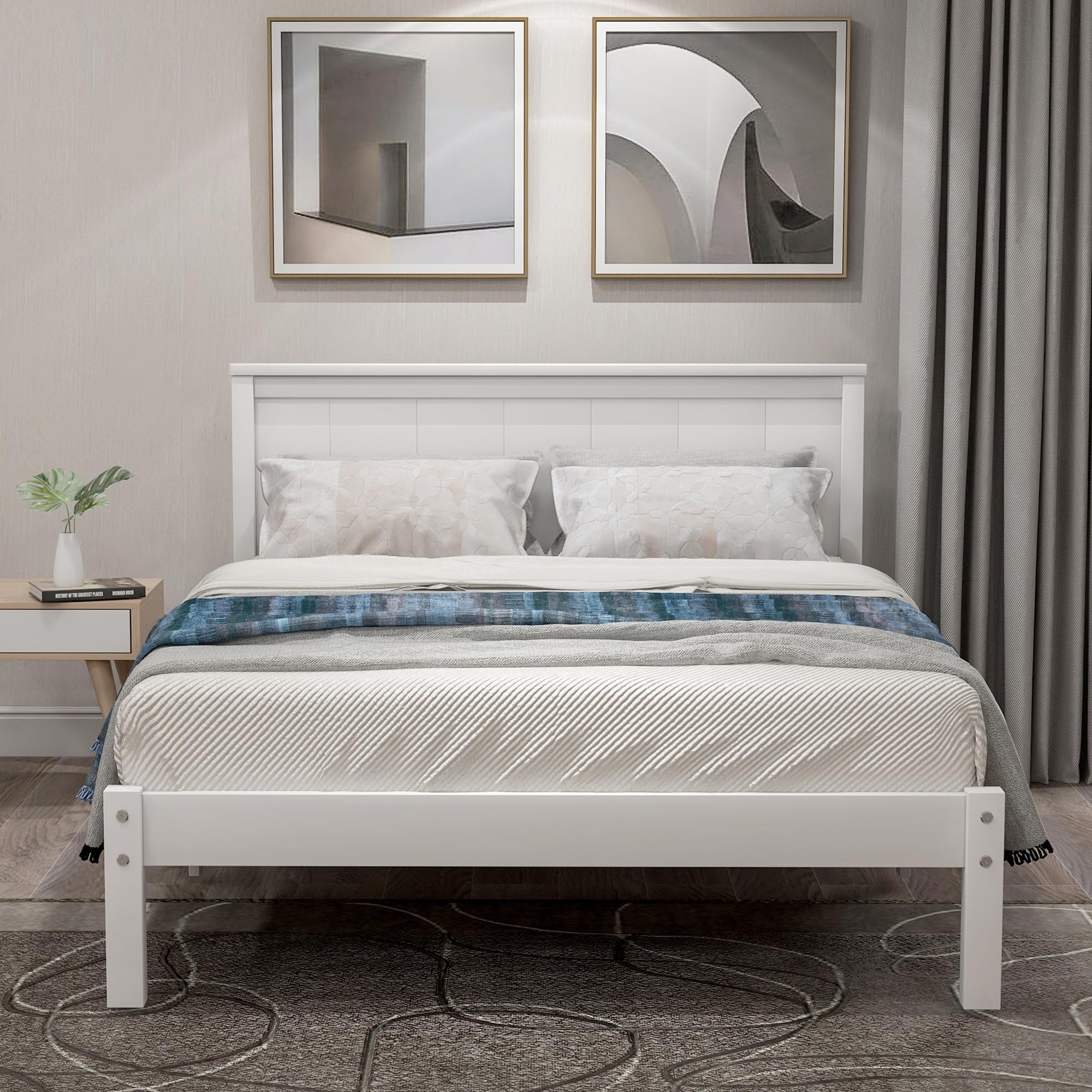 P PURLOVE Twin Size Wooden Platform Bed Frame with Headboard & Slat Support - No Box Spring Needed, White - Perfect for Small Bedrooms, Guest Rooms & Dormitories