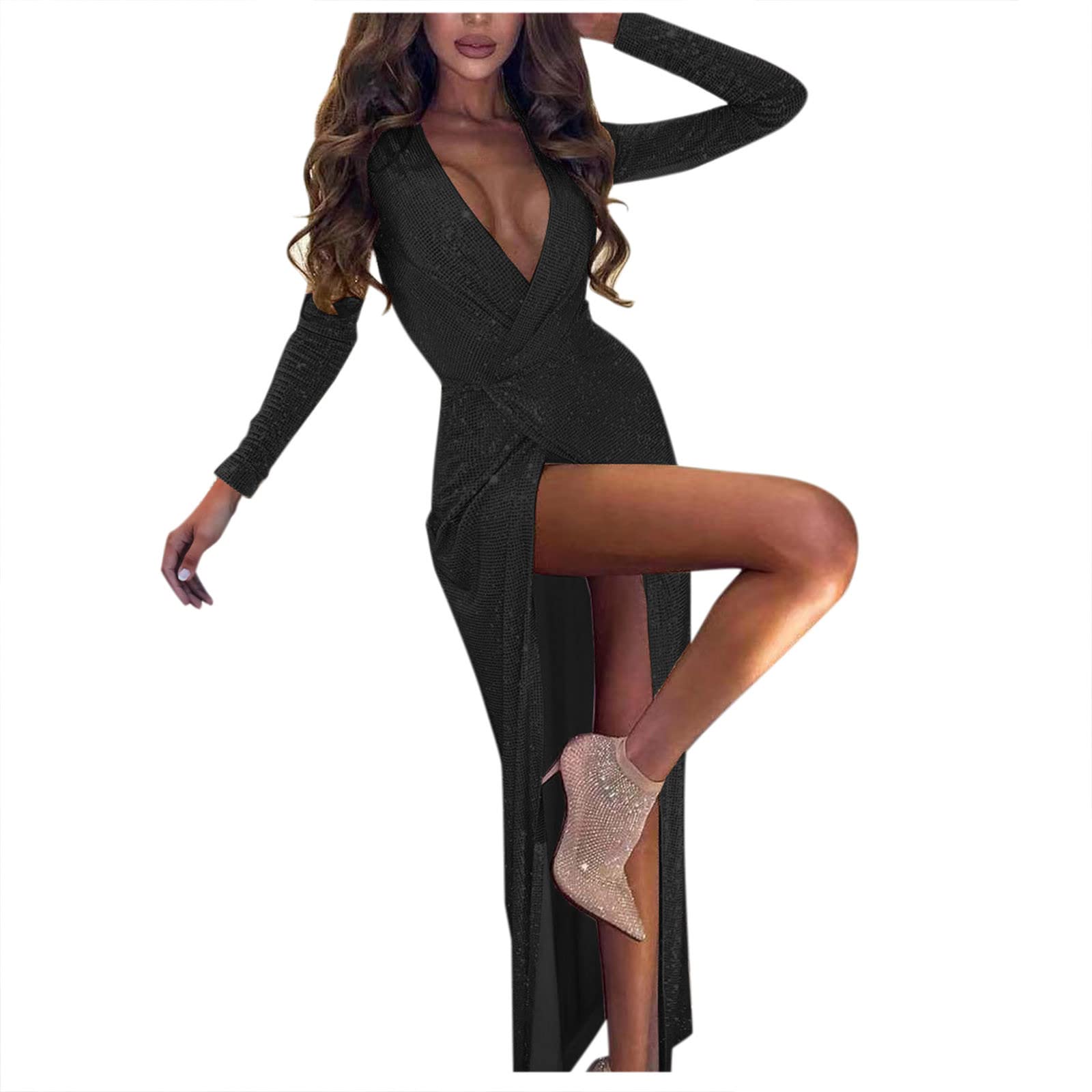 Elegant Sequin Wrap Dress for Women - Long Sleeve V-Neck Mermaid Party Gown with High Slit for Prom, Evening Events & Special Occasions