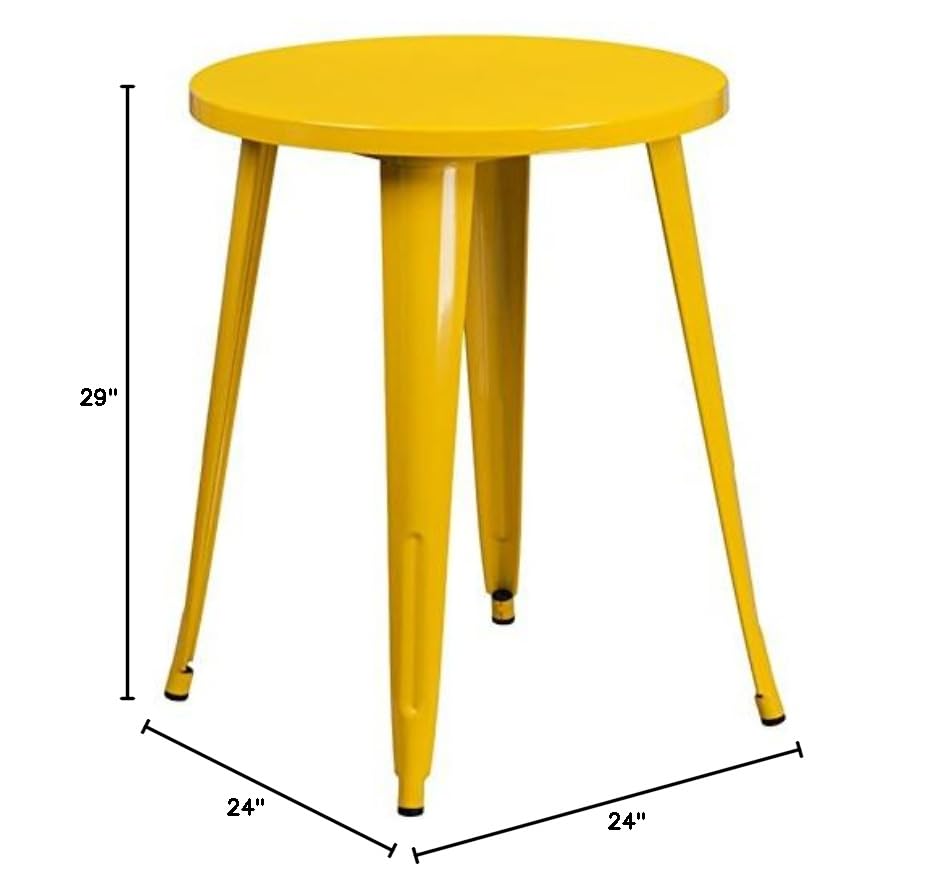 BOWERY HILL 24-Inch Round Yellow Metal Dining Table - Perfect for Small Spaces, Kitchens & Outdoor Patios