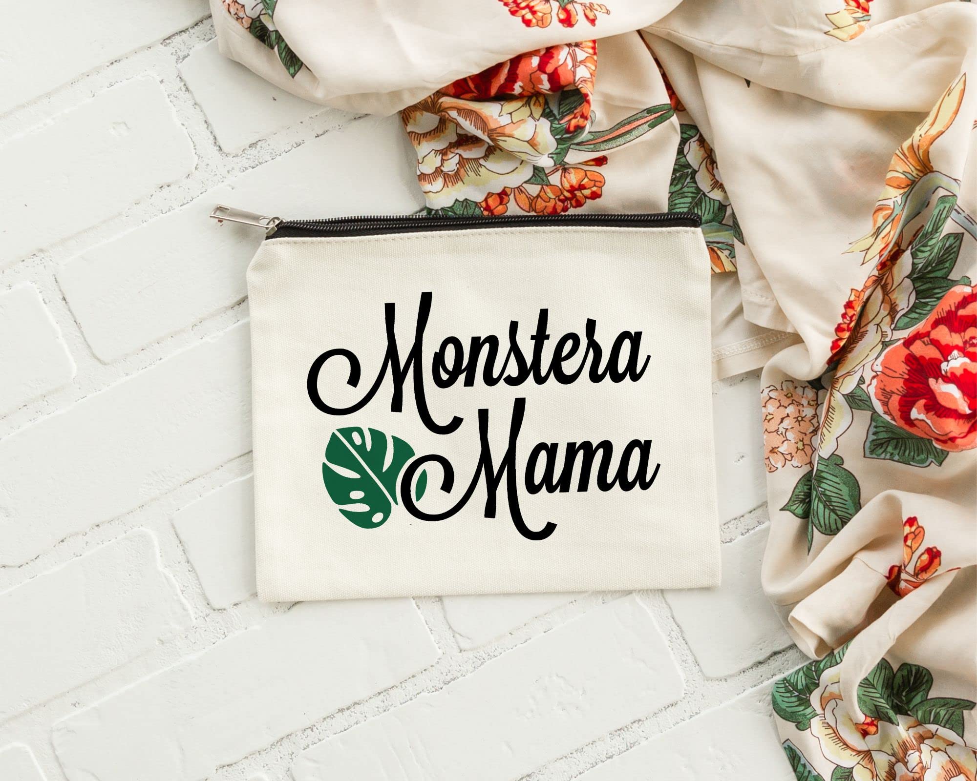 Moonwake Designs Monstera Mama Makeup Bag - Beige Cotton Canvas Cosmetic Pouch for Women, Plant Lover Gift Idea - Perfect for Travel, Gym & Daily Essentials Organization
