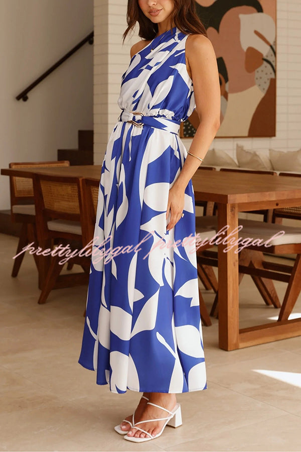 Unique Print Sleeveless One Shoulder Belted Maxi Dress for Women - Summer Beach Party, Evening Cocktail & Special Occasion Outfit