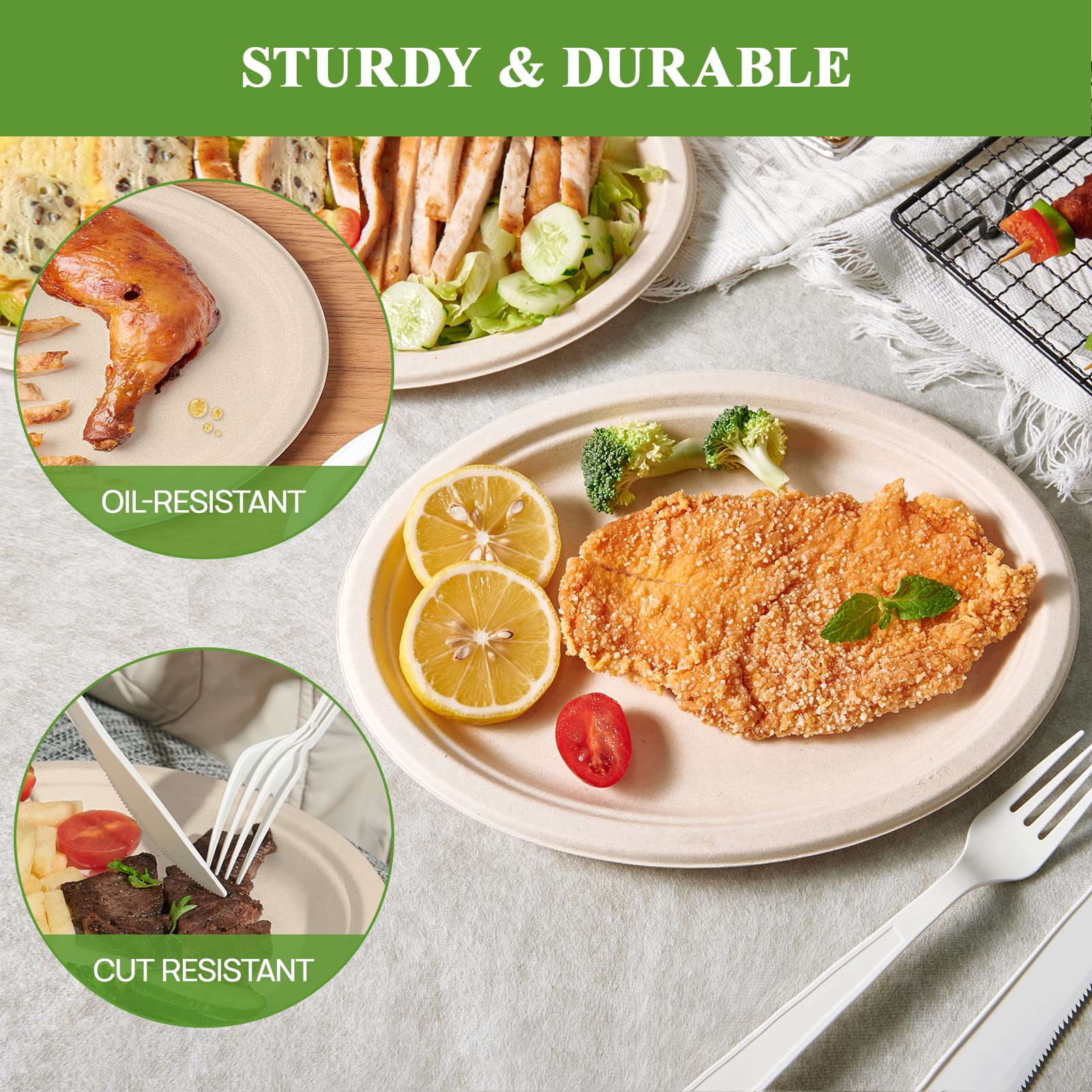 Vplus 100% Compostable Oval Paper Plates 12 Inch - 120 Pack Super Strong Disposable Dinner Plates | Natural Biodegradable Eco-Friendly Sugarcane Plates for BBQ, Party, Gathering, Picnic & Everyday Use | Perfect for Outdoor Events, Family Dinners & Sustainable Living