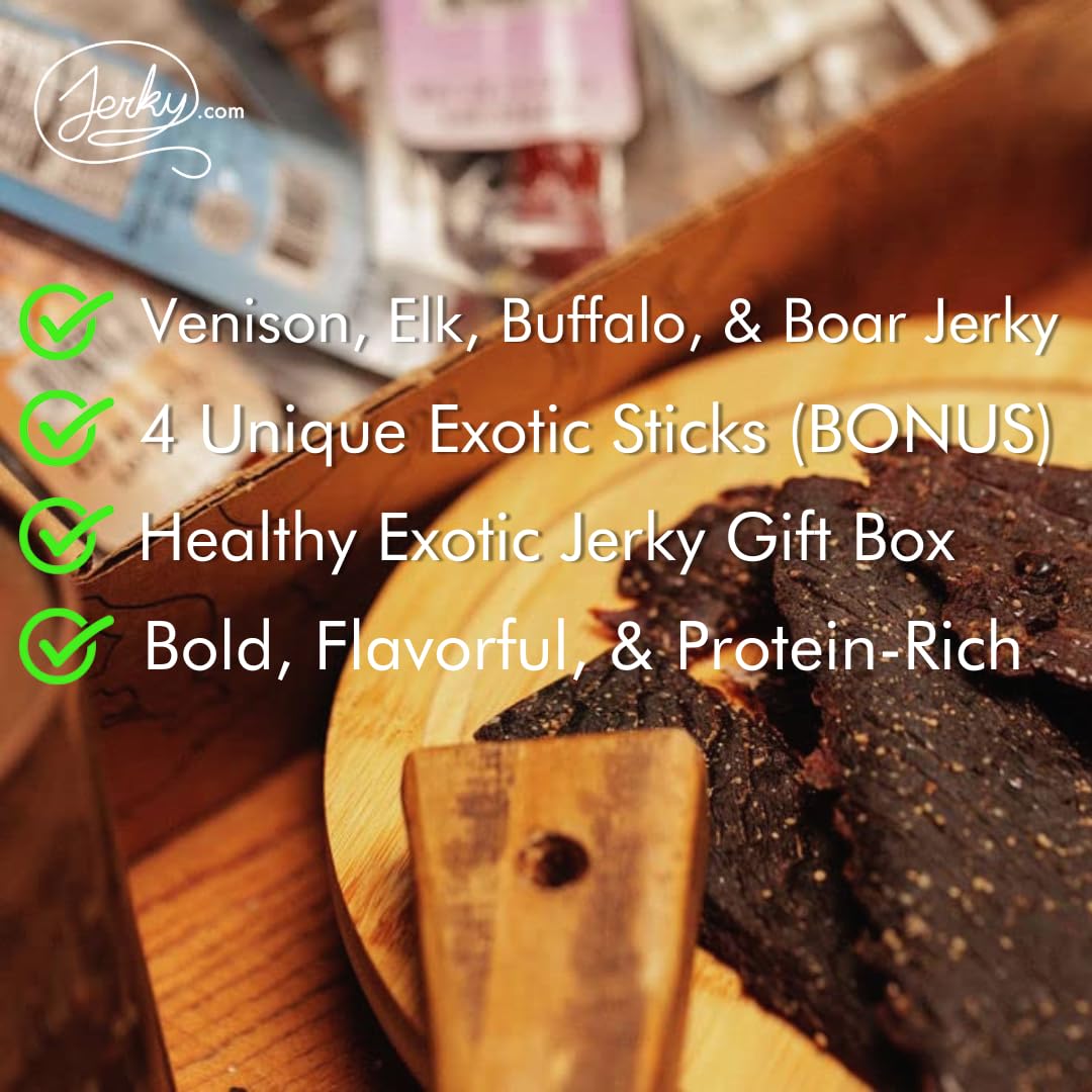 Premium Exotic Jerky Gift Box for Men - 8 Piece Gourmet Meat Snack Set with Venison, Elk, Buffalo & Wild Boar - Healthy Protein Snacks for Outdoor Adventures, Camping, Hiking & Father's Day Gifts