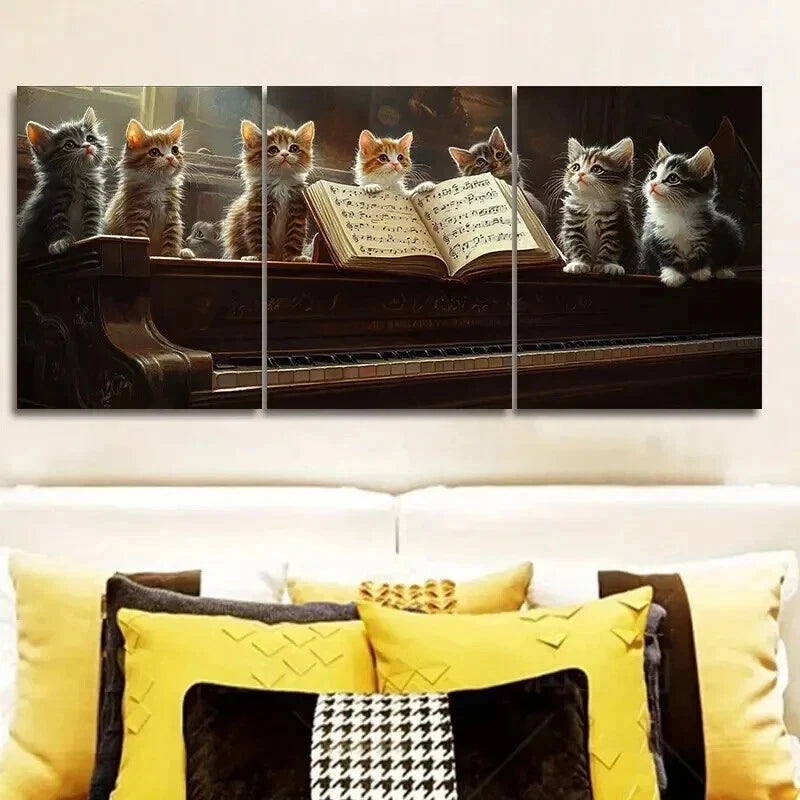 3-Piece Cat on Piano Wall Art Set - Framed Canvas 50x70cm (20x28in) - High Quality Print - Ready to Hang Home Decor - Perfect for Living Room, Bedroom & Office