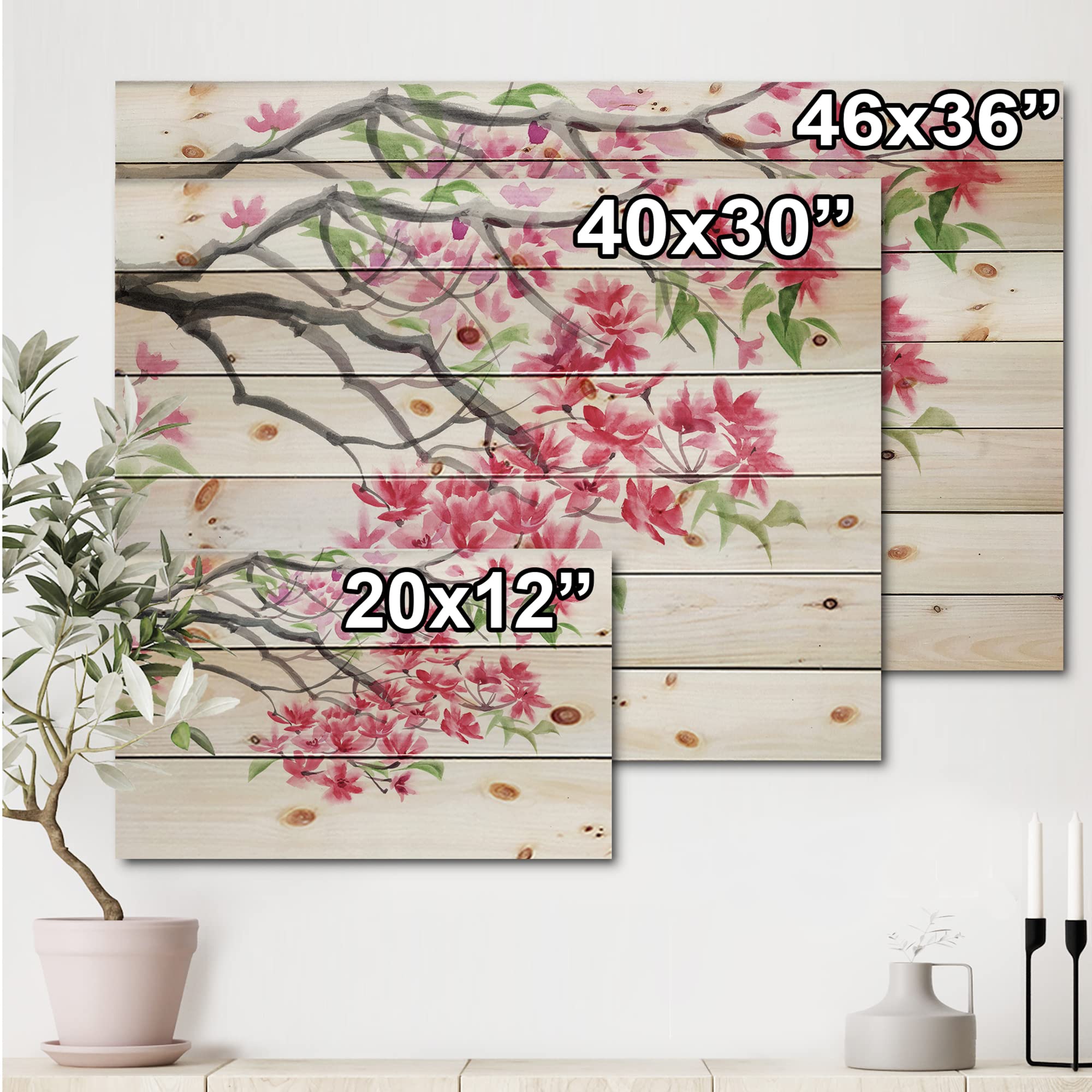 DesignQ Red Blossoming Tree Traditional Wood Wall Decor - Pink Floral Wood Art Panel, Large Pine Wood Wall Hanging for Living Room, Bedroom & Office Decor