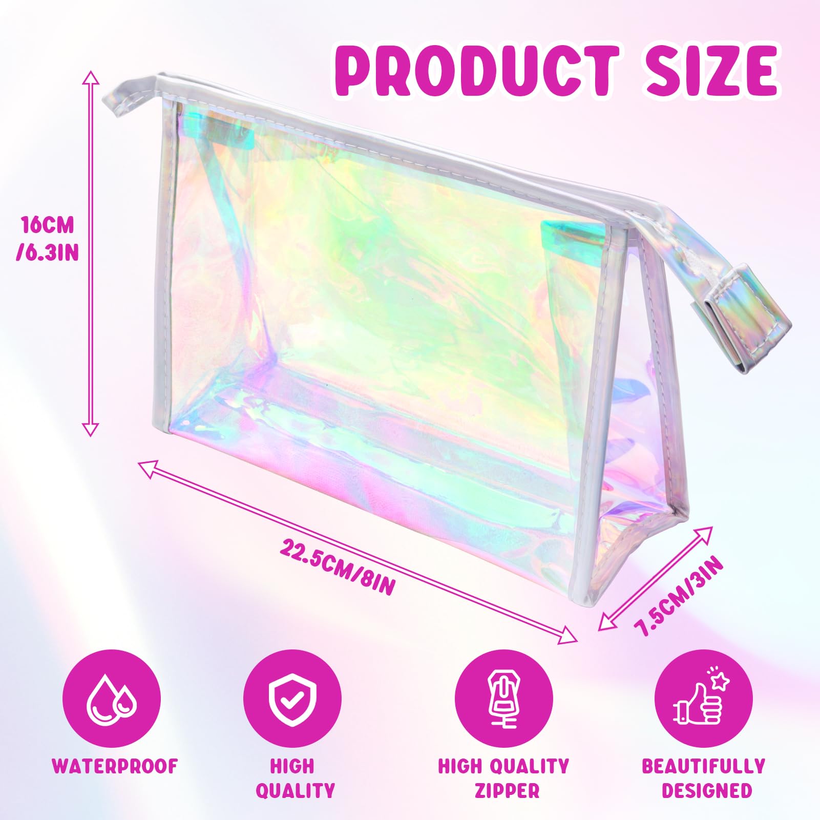 2 Pack Holographic Makeup Bags - Iridescent Waterproof Cosmetic Pouches with Zipper, Travel Toiletry Organizer & Brush Holder for Women | Perfect for Travel, Gym, and Daily Makeup Storage