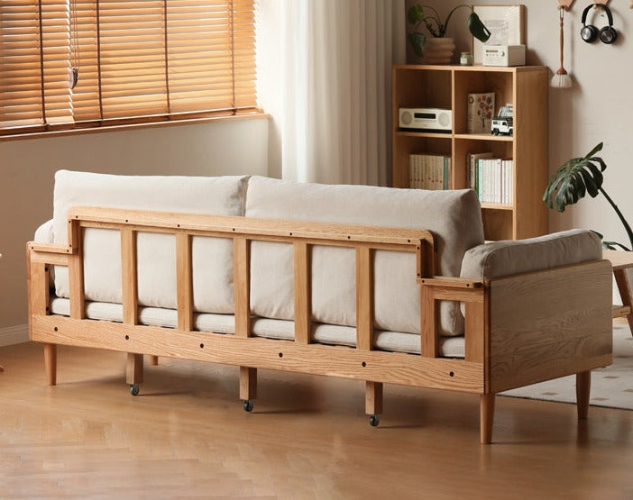 Oak Solid Wood Sofa Bed with Folding White Goose Feather Cushions - Convertible Sleeper for Small Spaces & Guest Rooms