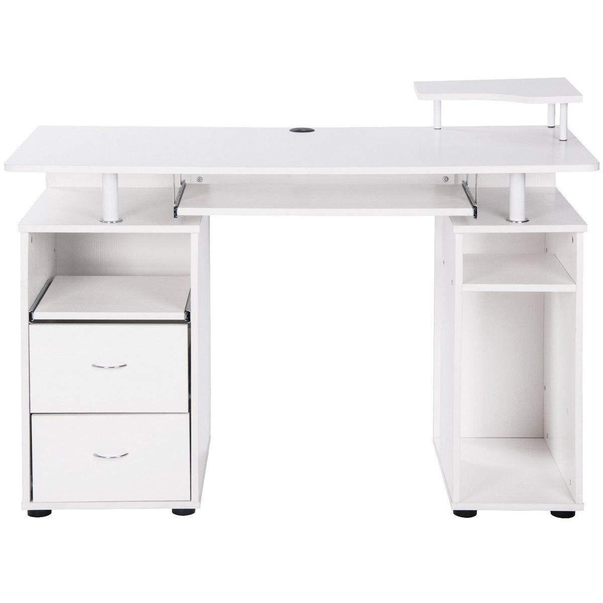 Ergonomic Home Office Computer Desk with Elevated Shelf, Drawers & Keyboard Tray - Multi-Functional Writing Study Table for Small Spaces - Perfect for Remote Work, Online Learning & Gaming (White)