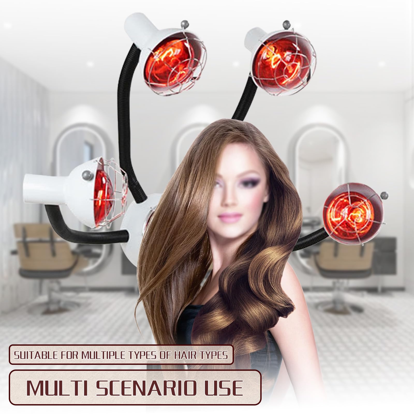 750W 5-Head Infrared Heat Lamp Hair Dryer Stand - Portable Floor Styling & Perming Accelerator with Red Light Therapy & Metal Lampshade, 110V (White) - Perfect for Salon, Home Hair Care & Professional Styling
