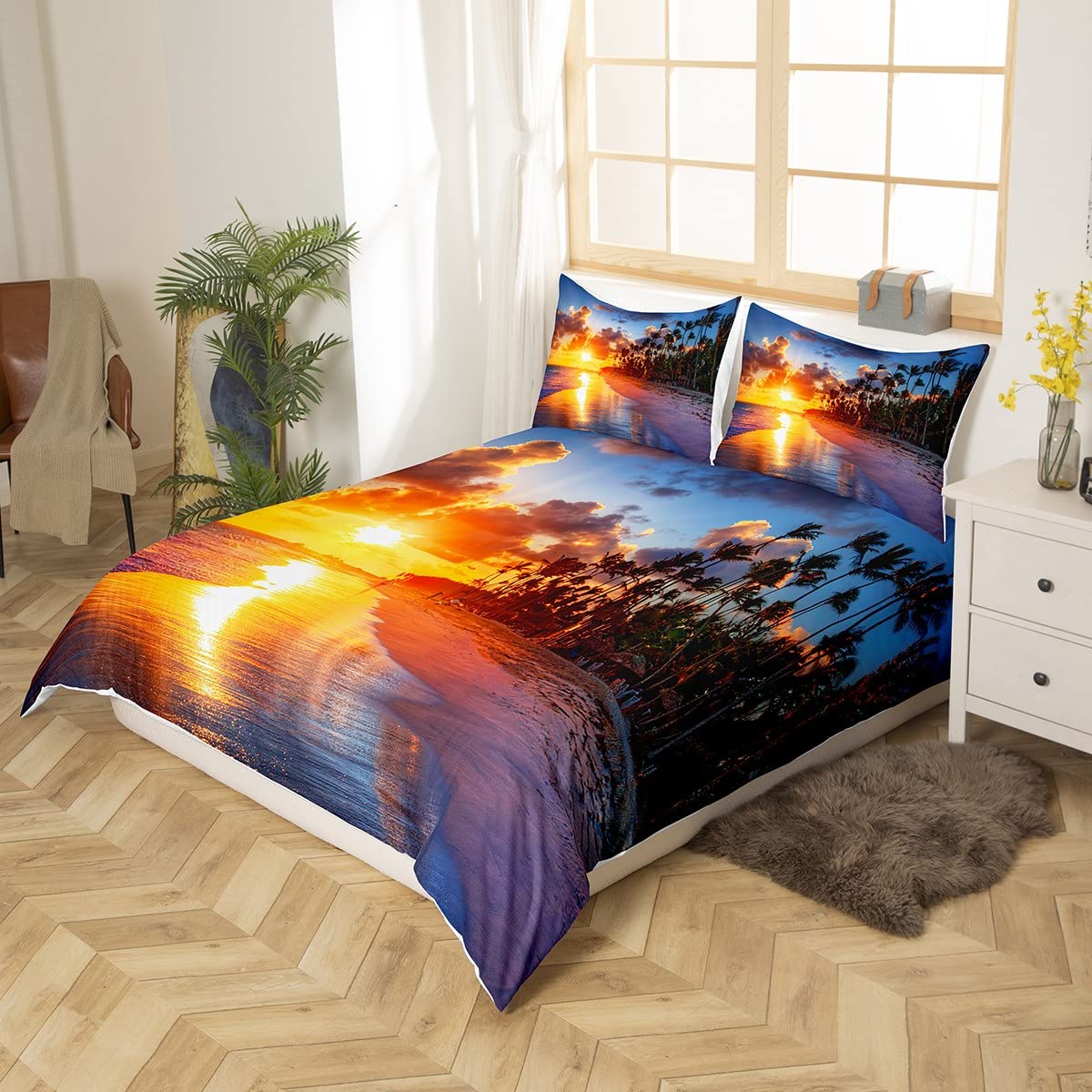 Feelyou Kids Twin Beach Duvet Cover Set - Tropical Palm Tree Printed Microfiber Bedding with Zipper Closure & 2 Pillow Shams (Sunset Design) | Summer Ocean Theme Bed Set for Boys Girls Bedroom, Vacation Home Decor