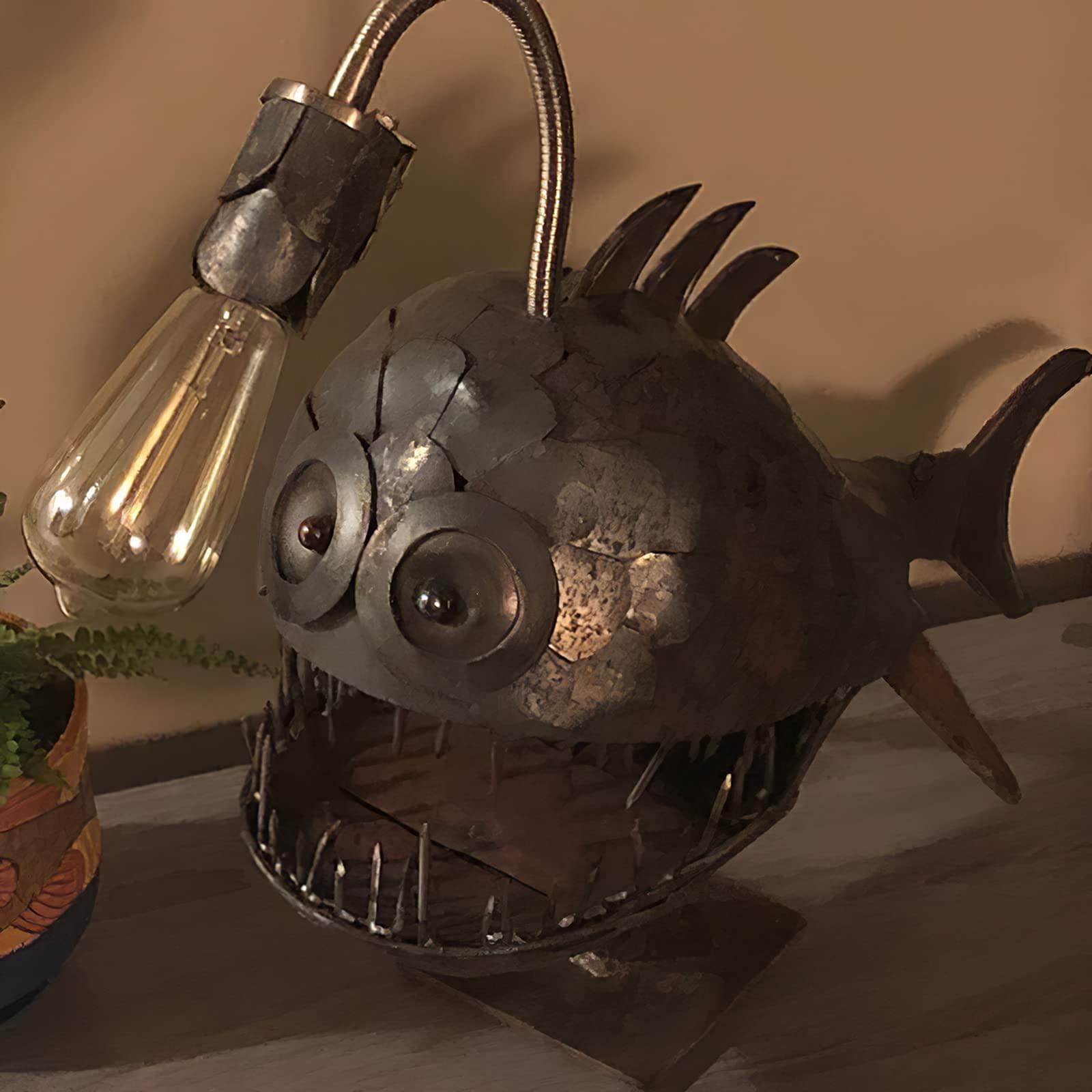 CAFELE Rustic USB Angler Fish Lamp - Steampunk Shark Table Lamp with Realistic Flickering LED Flame, Handmade Industrial Night Light for Bedroom, Office, Gaming Room Decor (Large Size)