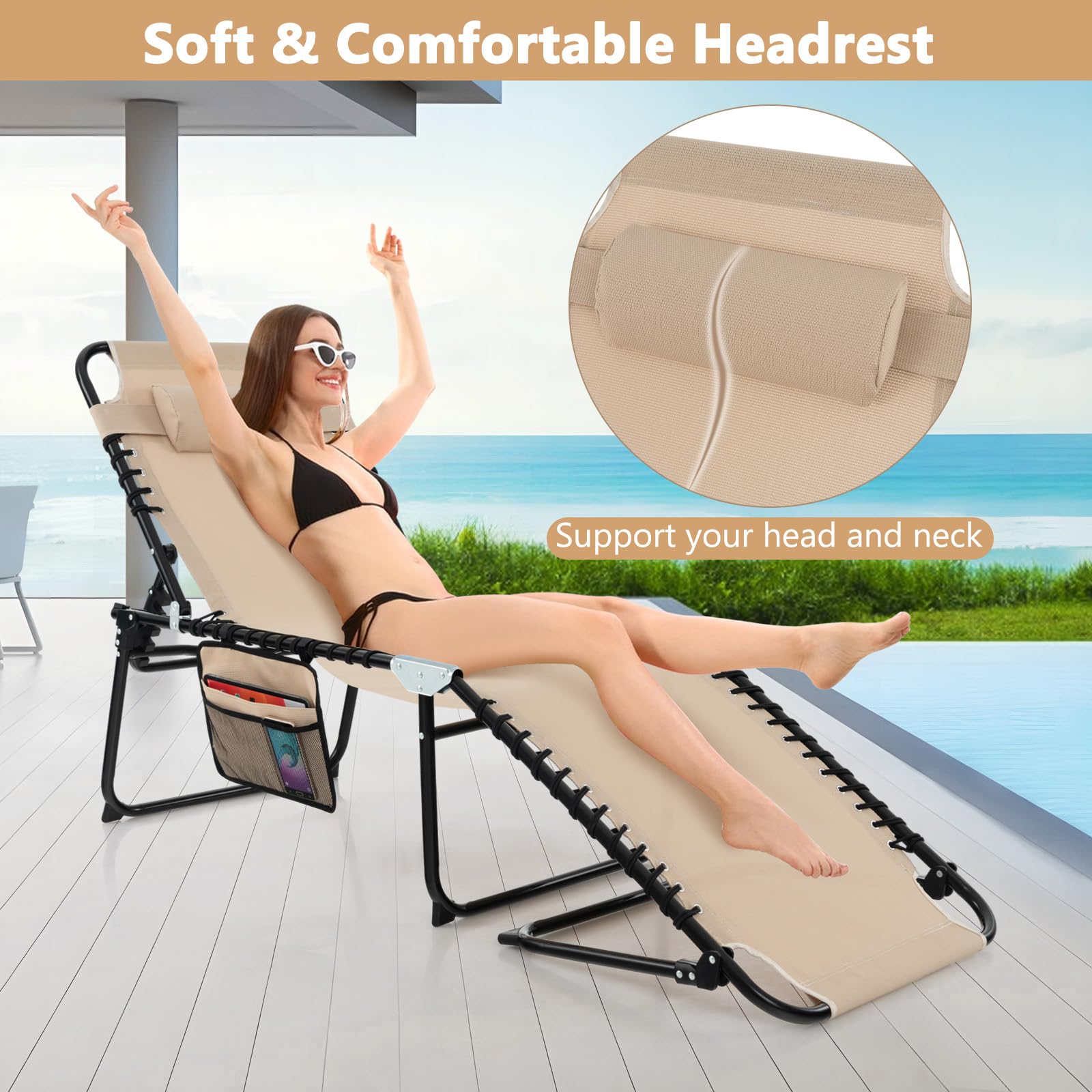 Giantex 2-Pack Folding Patio Lounge Chairs with Headrest - Adjustable Tanning Chairs for Outdoor, Poolside & Beach - 4-Position Recliner with Side Pocket - Perfect for Sunbathing, Camping & Backyard Relaxation - Beige